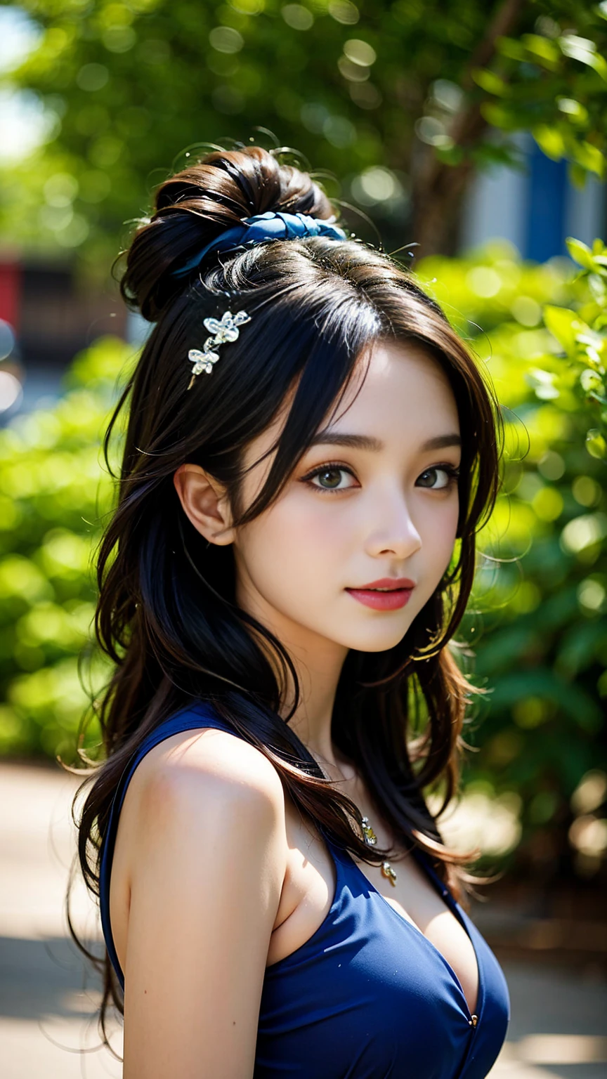 (((32k,High Details,High Detail、masterpiece,Attention to detail,whole body,Solitary))),RAW photos & Realistic atmosphere,Beautiful deep blue eyes,Detailed mouth,Glossy lips,Thin eyebrows,beautiful eyes、Soft, fair skin,Every detail sparkles、Her deep blue eyes are so beautiful,Lip detail、Very beautiful face,Good face shape、Lifelike face,shiny beautiful lips,Beautiful eyebrows,Infinite Reality, Realistic Young gravure idol,Very cute high school girl, , Young gravure idol, Young gravure idol, Very nice and lovely17 years old beautiful girl,Blushing face,Incredibly beautiful and elegant17 years old beautiful girl,Natural soft lighting,(Jet black shiny hair,,beautiful and kind eyes:1.5),gentle smile,Breasts in good shape,,Immature body,Medium-length hair,Let your hair hang high,Tie up,Beautiful posture,Facing forward,make up,Direct vision,Hair accessories,