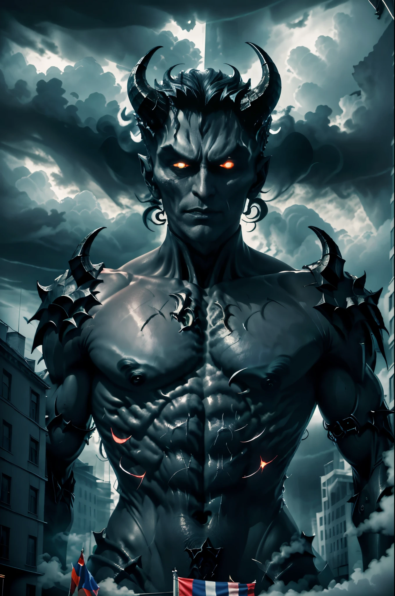 RAW photo, a mature powerful businessman with horns and jet-black skin in an upscale office, ((A demon enveloped in (LGBT+ flag), LGBT flag)), 8k uhd, masterpiece, award winning, absurdres gts flashlight photo. Smoke and clouds roil around him, adding to the sense of epic scale and drama. The lighting is dark, gloomy, and realistic, creating a tense and ominous atmosphere. The perspective is from below, emphasizing the sheer majesty and power of the A towering Giantess.