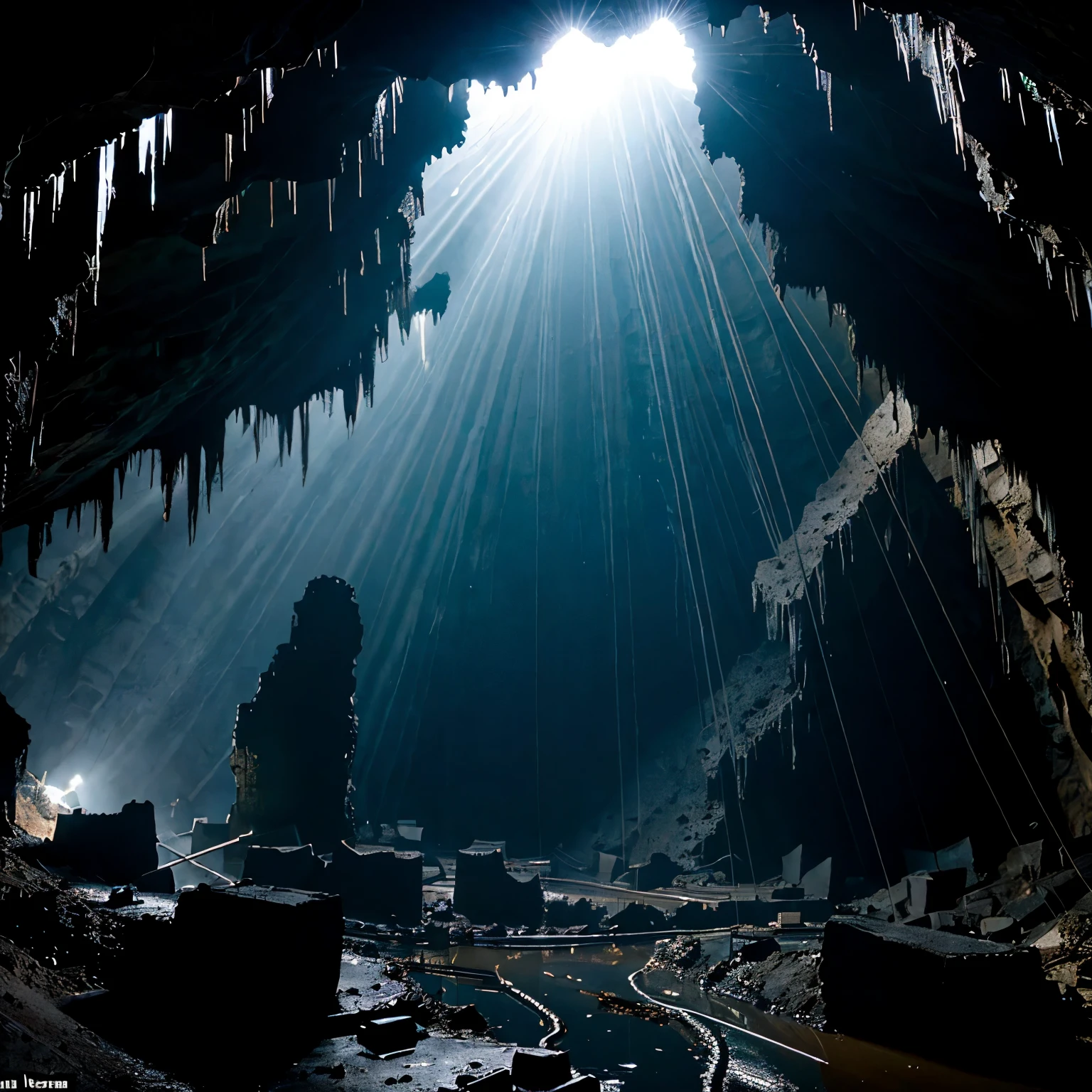 A mine,Dark,Complex terrain,Abandoned mine,Many gullies,The terrain is complex,Stalactites,No Sunshine Abyss,Darkness without light,The path is rough,Multiple holes,Dark caves,Complex terrain,Dark environment,Dark mine caves,Horrible atmosphere
