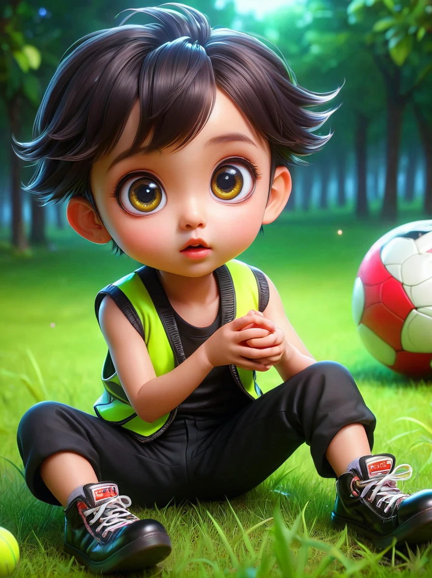 (chibi),masterpiece,Best quality,Original,Official Art,whole body,Realistic cute children,big eyes,Sit and play with the ball,grassland,Wearing a vest,Black pants and black shoes,Fashion trend,Kanikaron style hairstyle,Product Perspective,Detailed facial details,Perfect face,Clarity,Trendy Art,sharp detailed face,Neon light,Background blur,Cartoon shading, , 1fkxc1
