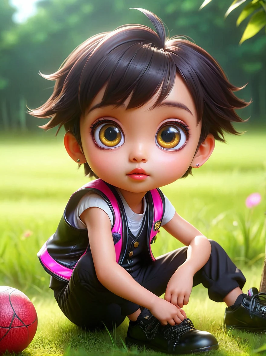 (chibi),masterpiece,Best quality,Original,Official Art,whole body,Realistic cute children,big eyes,Sit and play with the ball,grassland,Wearing a vest,Black pants and black shoes,Fashion trend,Kanikaron style hairstyle,Product Perspective,Detailed facial details,Perfect face,Clarity,Trendy Art,sharp detailed face,Neon light,Background blur,Cartoon shading, , 1fkxc1