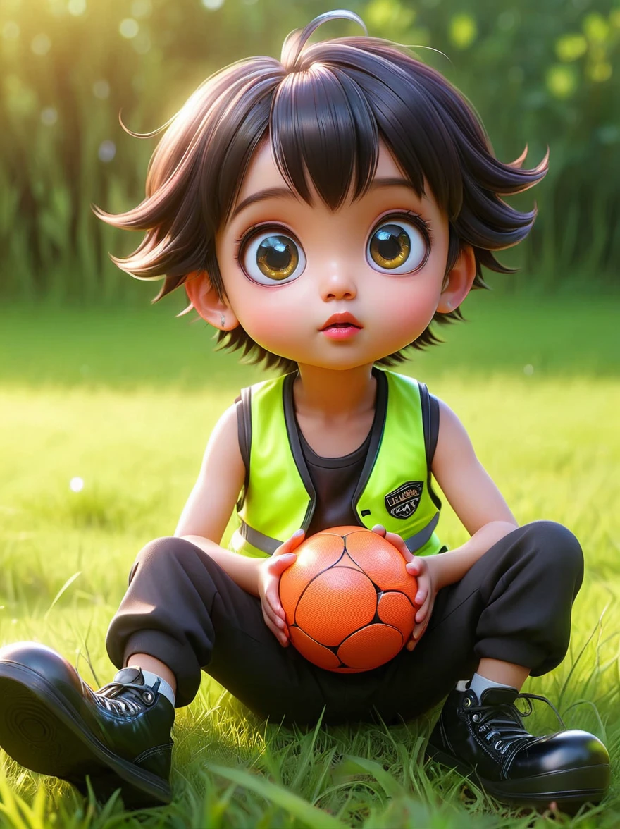 (chibi)，masterpiece，Best quality，Original，Official Art，whole body，Realistic cute children，big eyes，Sit and play with the ball，grassland，Wearing a vest，Black pants and black shoes，Fashion trend，Kanikaron style hairstyle，Product Perspective，Detailed facial details，Perfect face，Clarity，Trendy Art，sharp detailed face，Neon light，Background blur，Cartoon shading, , 1fkxc1