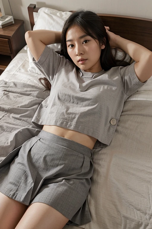 A young, Asian woman wearing a gray skirt , face down on bed