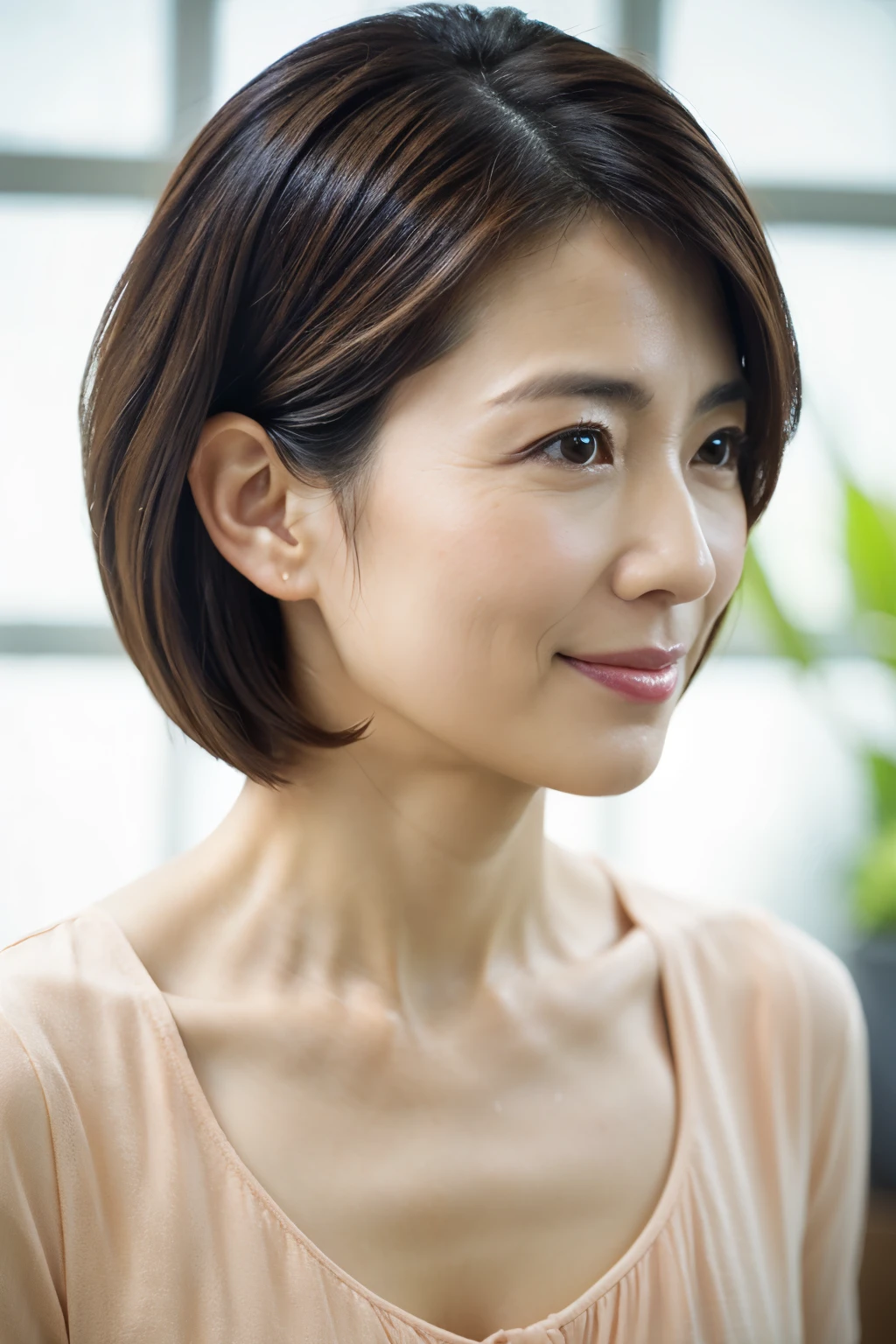 (Very detailed), ((Realistic)), (Better Quality), Very beautiful woman, highest quality, 8k, masterpiece, Photorealism, practical, 1. Beautiful Japanese Women, Mature Woman, 40 years old, Delicate skin texture, short hair,Shooting from the side
