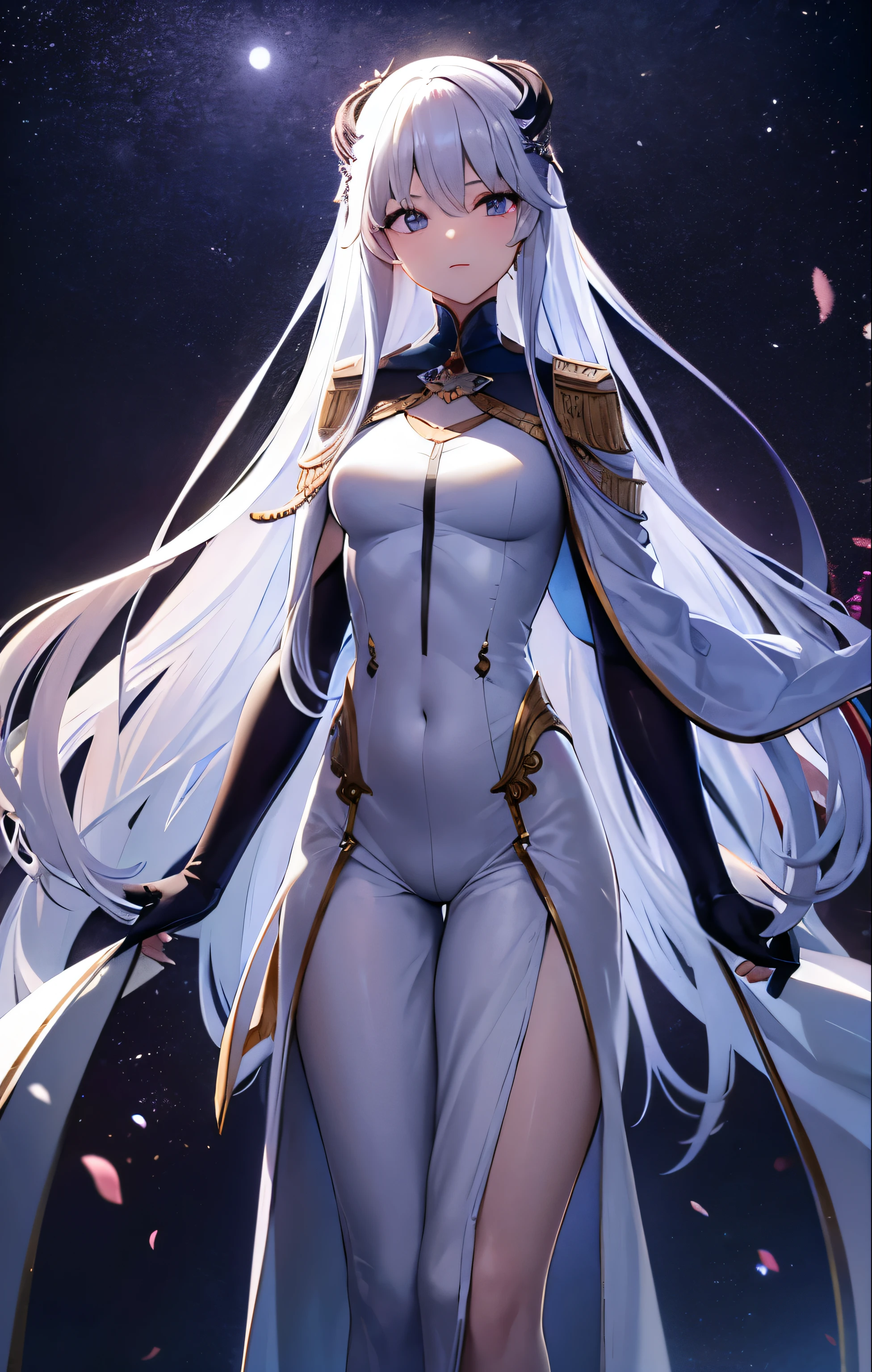 masterpiece, beautiful void goddess, Wearing white transparent clothes, standing under the empty night sky, Disappearing transparent pants, Full body standing, Tall stature, Slender legs, Facial details, Detailed body part details, 8k wallpaper