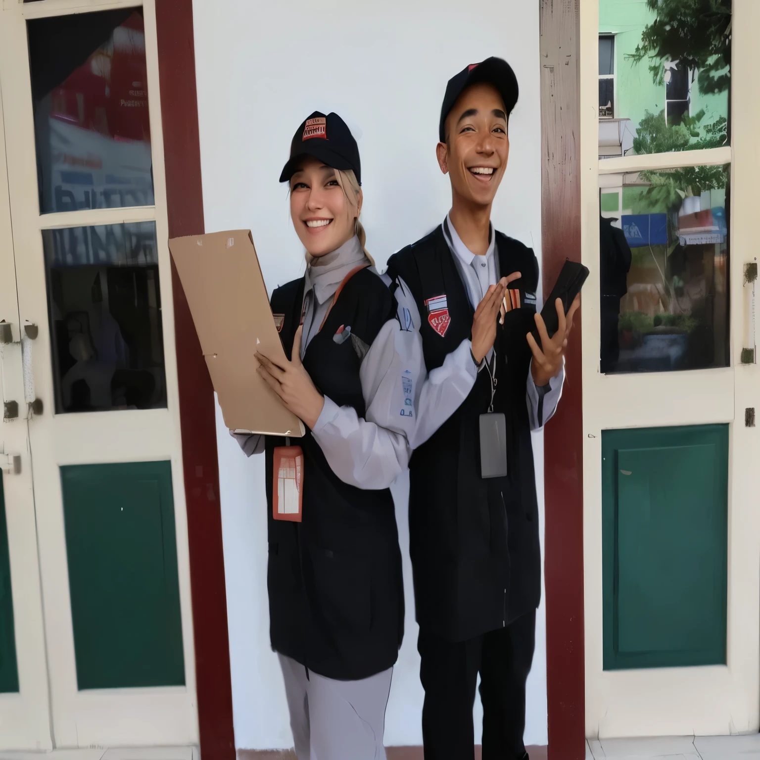 they are standing outside of a building with a pizza box, wpol and sarasti, security agent, protrait, smiling warmly, delivering parsel box, taking control while smiling, potrait, wearing rr diner uniform, good face, with a happy expression, full protrait, very slightly smiling, portrait!!, friendly smile, staff
