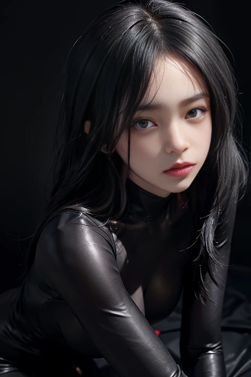 Skin-tight black bodysuit, Volumetric lighting、Highly detailed face、One girl、Exposed thighs、Exposed buttocks、(Accentuate small breasts)、、dark、Deep Shadow、Low Key、Hair length、Gray Hair、Top view、Turn around