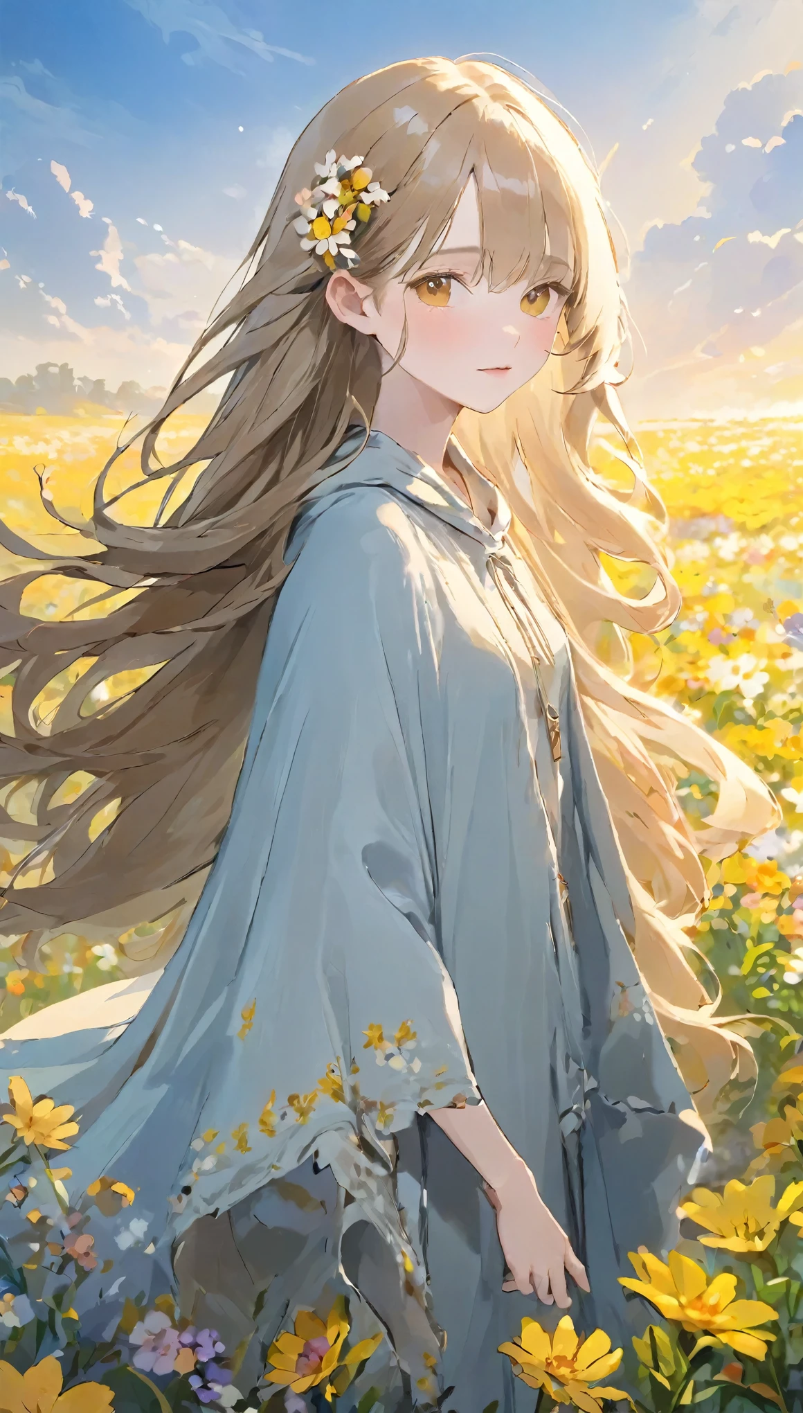 (masterpiece:1.2、highest quality)、Hmph、Intricate details、One Girl、albino、Light brown eyes、beautiful brown long-haired、Silky straight hair、Twilight Look、Long Grey Poncho、(((Outdoor、Flower Field、Colorful flowers々)))、Natural light、Faint lighting