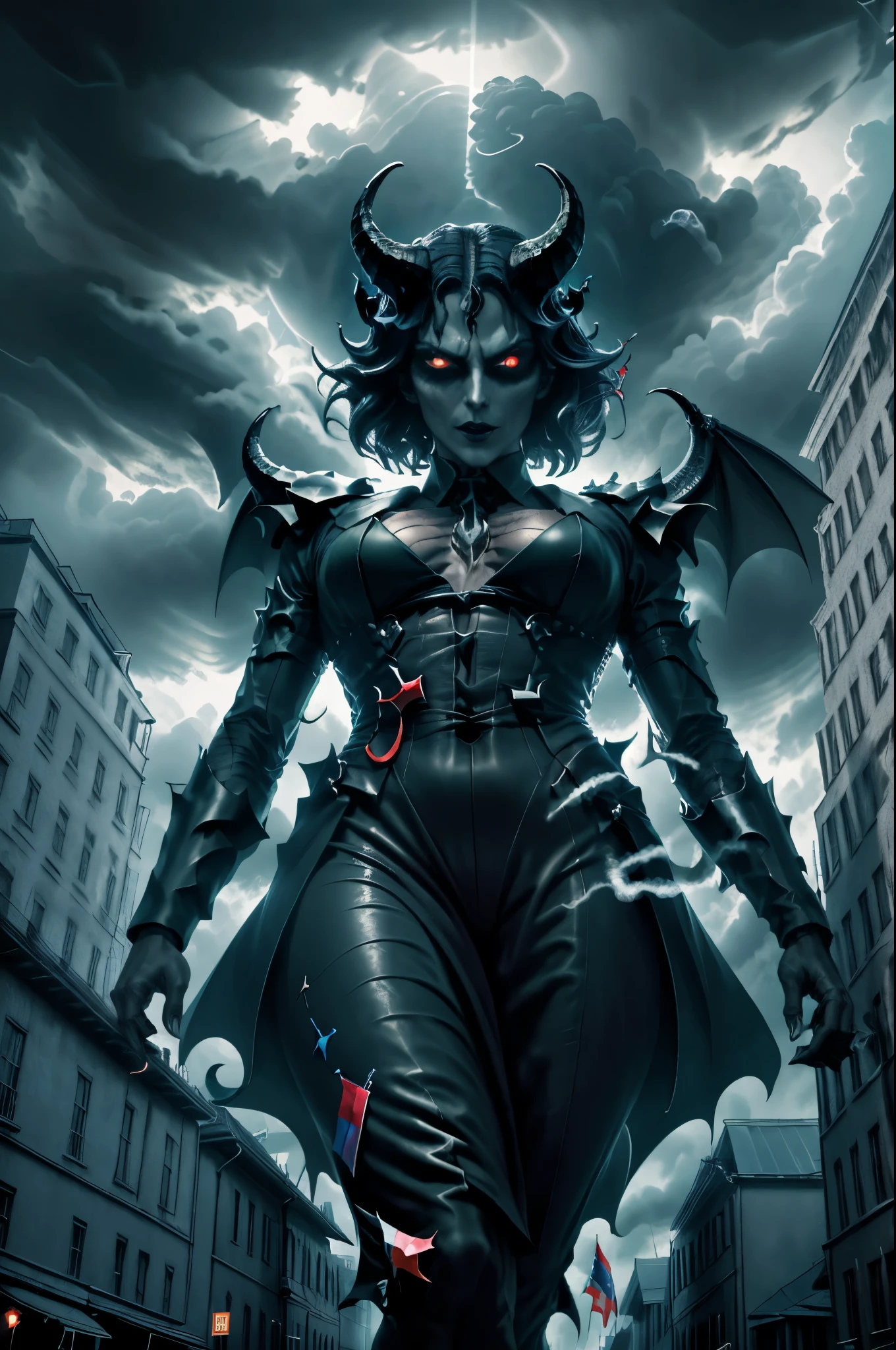 RAW photo, a mature powerful businessman with horns and jet-black skin in an upscale office, ((A demon enveloped in (LGBT+ flag), LGBT flag)), 8k uhd, masterpiece, award winning, absurdres gts flashlight photo. Smoke and clouds roil around him, adding to the sense of epic scale and drama. The lighting is dark, gloomy, and realistic, creating a tense and ominous atmosphere. The perspective is from below, emphasizing the sheer majesty and power of the A towering Giantess.