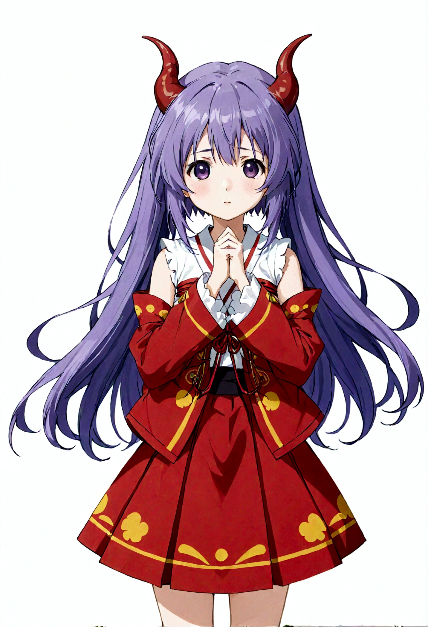 score_9, score_8_up, score_7_up, score_6_up, source_anime,BREAK , 1girl, hanyuu, solo, (tween:1.2), kawaii, ((horns)), medium breasts, purple eyes, purple hair, long hair, simple background, white background, japanese clothes, miko, skirt, hakama, hakama skirt, red detached sleeves, red hakama,v_arms,,straight-on,,anime screencap, anime coloring