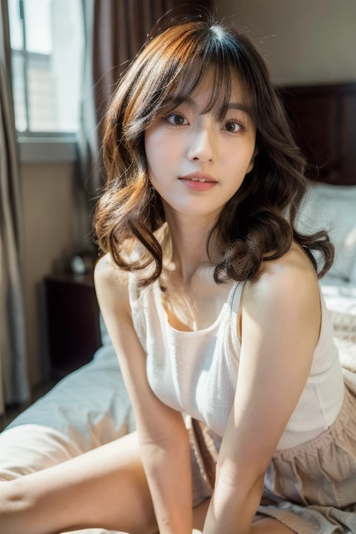 1 female, ((Beautiful women)), Solitary, real, Top quality, photorealistic, masterpiece, 8K, HDTV, Solitary, HDTV脸, soft light, bedroom, ((daytime)), Sky, (looking at camera), (portrait: 0.6), 全身portrait, (Very curly hair), open mouth, teeth, eyelash, Nogizaka46, Tada Moe, Suda Akari, Idol, beautiful girl, ((Long legs)), (((permanent))),((Standing))