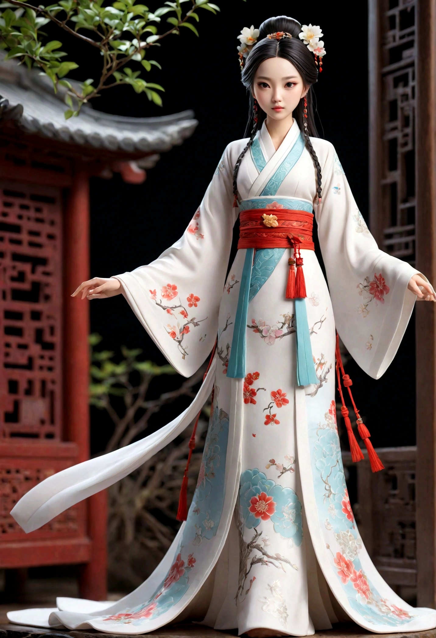 white瓷艺术品，Chinese Fashion Figures，Body，beautiful girl，Element Hanfu long skirt，Intricate details，Blind Box，Blind Box玩具，Fine gloss，3D Rendering，Overclocking，Best picture quality，8k，Front view，Standing，white瓷，white，through