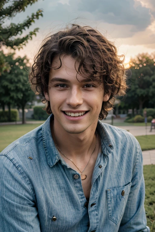 Masterpiece, realistic, HD, 8k, (perfect lightning), ((youngman)), tall, cute face, smile without teeth, curly, messy hair, wearing a sky blue button shirt, ripped-jeans, at the park, sunset
