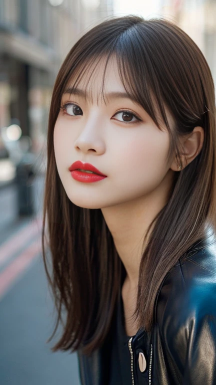 a beautiful japanese girl, intricate details, random hairstyle, (best quality,8k,ultra-detailed,hyper-realistic,photorealistic,masterpiece:1.3),extremely detailed face and eyes,long eyelashes,beautiful skin,flawless,natural lighting,cinematic composition,vibrant colors,stunning，Design an image of a young Japanese woman with a modern and stylish appearance. She has short, sleek black hair with a slightly edgy cut. She is wearing trendy, Her makeup is minimal but striking, with a flawless base, bold eyeliner, and a matte red lip. She is dressed in a contemporary, fashionable outfit such as a leather jacket, a graphic tee, and high-waisted pants. The background is an urban street scene with modern architecture and street art. She is leaning against a wall, looking confidently at the camera with a slight smirk，a beautiful japanese girl, intricate details, random hairstyle, (best quality,8k,ultra-detailed,hyper-realistic,photorealistic,masterpiece:1.3),extremely detailed face and eyes,long eyelashes,beautiful skin,flawless,natural lighting,cinematic composition,vibrant colors,stunning．
