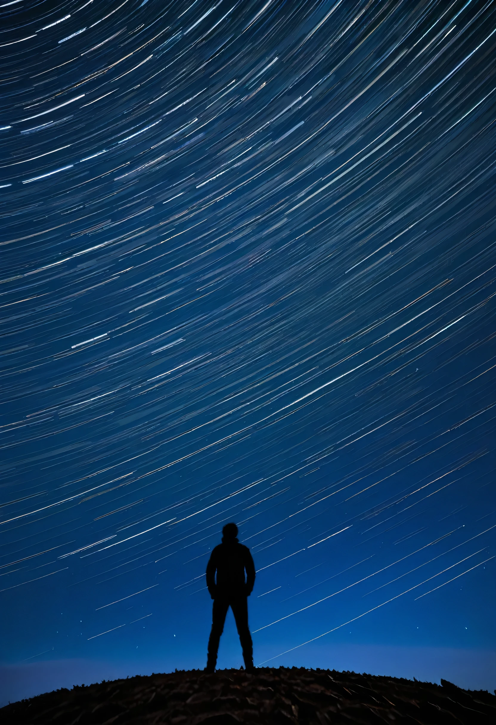 A person standing on the earth,Looking up at the star trails,Soft light illuminates the silhouette of the Earth,Time-lapse photography,Minimalism,Background with rich light and shadow changes,32k,Wide Angle,Clean background,Klein Blue,Add layers and three-dimensionality through changes in light and shadow
