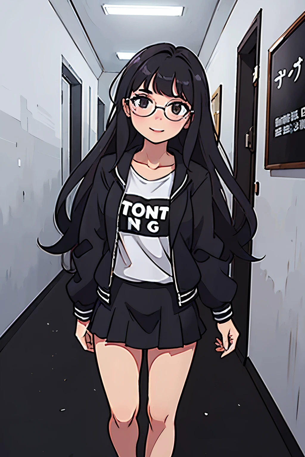18 year old girl in school hallway , sapatos negros , falda negra corta , blusa blanca corta , cabello negro corto , lentes negros , esta sonriendo
