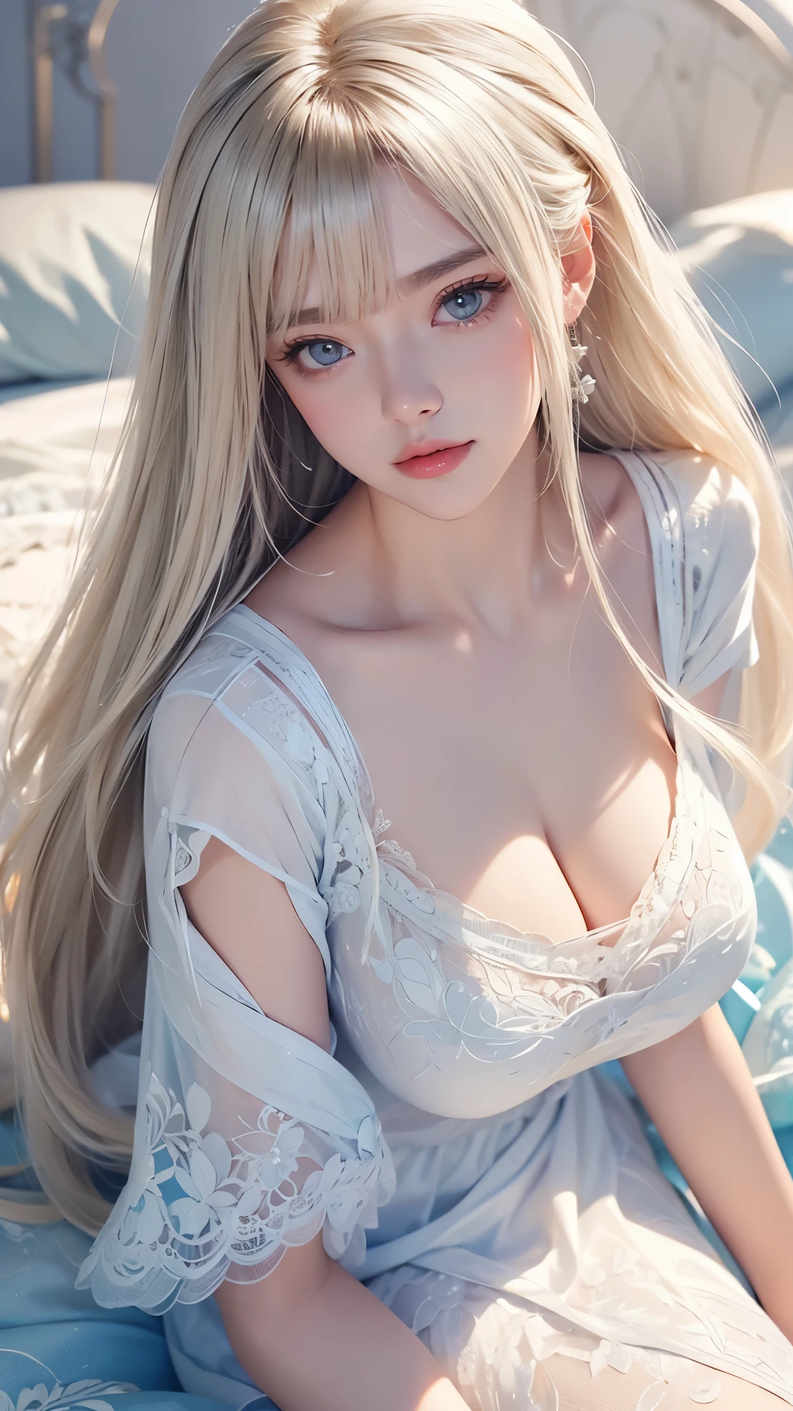 Beautiful innocent 20 year old blonde girl、Beautiful shining platinum blonde hair、bangs fall on face、((Wearing an open white T-shirt,Dramatic Pose)),Sexy Looks,Super long straight blonde silky hair,Bed Background,Beach Background、(Intricate details:1.4)、(Realistic:1.4)、Octane Rendering、精巧な3DレンダリングでSuper detailed, Studio Soft Light, Rim Light, Crisp details, Super detailed, Realistic skin texture, Cheek gloss、Detailed aspect, Very beautiful bright pale blue eyes, Very big eyes、 Perfect beauty、Round face、(Detailed Background:1.2), Shiny skin, whole body、From head to thighs、Cleavage,((sleep with your head up、Angle of view from above))