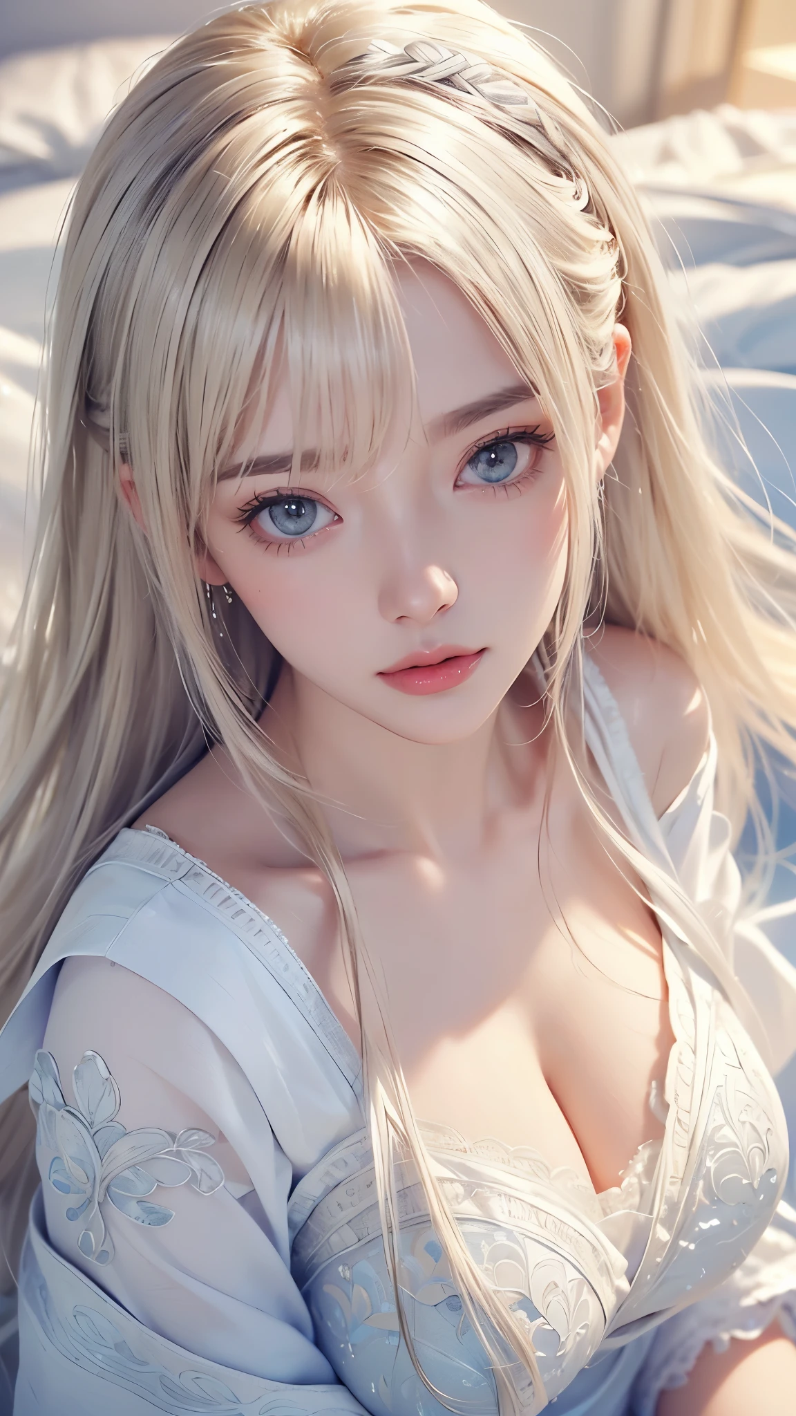 Beautiful innocent 20 year old blonde girl、Beautiful shining platinum blonde hair、bangs fall on face、((Wearing an open white T-shirt,Dramatic Pose)),Sexy Looks,Super long straight blonde silky hair,Bed Background,Beach Background、(Intricate details:1.4)、(Realistic:1.4)、Octane Rendering、精巧な3DレンダリングでSuper detailed, Studio Soft Light, Rim Light, Crisp details, Super detailed, Realistic skin texture, Cheek gloss、Detailed aspect, Very beautiful bright pale blue eyes, Very big eyes、 Perfect beauty、Round face、(Detailed Background:1.2), Shiny skin, whole body、From head to thighs、Cleavage,((sleep with your head up、Angle of view from above))