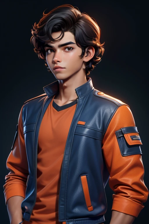 masterpiece, best quality, 1 teenage boy, handsome, brown skin, black hair, wavy hair, short hair, Indonesian, blue shirt, futuristic orange jacket, simple background, solo, upper body
