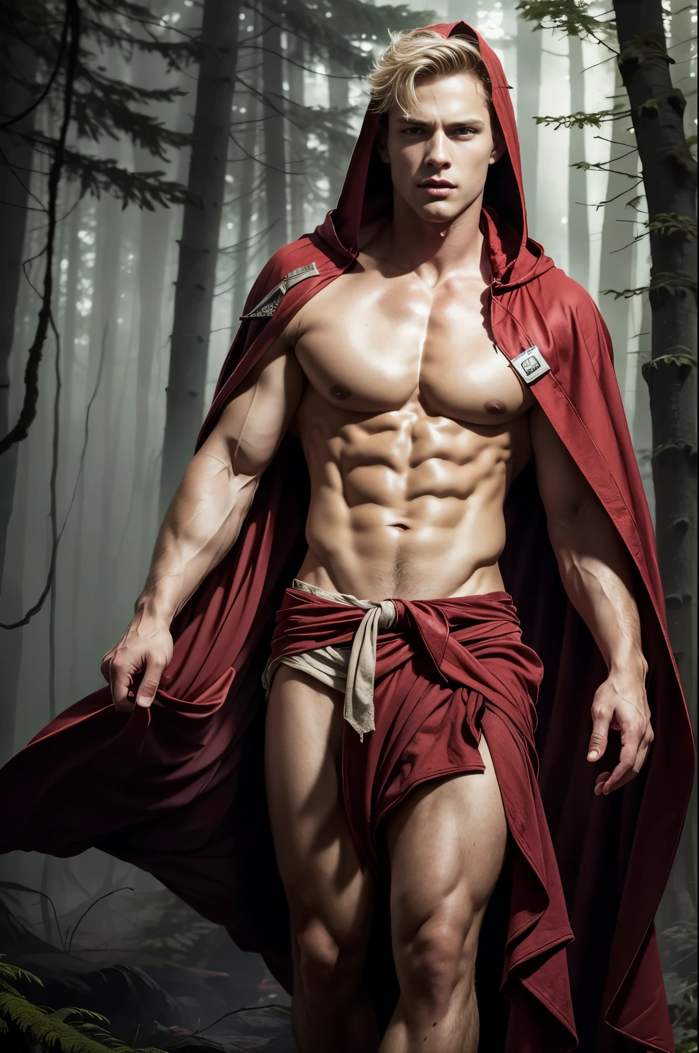 Photo-realistic, ((best quality)), ((masterpiece)), (detailed), short blond hair, handsome young male model, male version of red riding hood, 18-year-old, super male model, handsome, tall, cute, evil looking, dark look, powerful, young male model, handsome, clean shave, green eyes, pale skin, white pale skin, wavy messy blond hair, short messy hair, messy wavy hair, super strong, muscular, fit, massive muscles, six pack, muscle, ripped, strong body, fit body, (cotton red cloak:1.4), (red hoodie:1.2), shirtless, bare-chested, bare-legged, linen small skirt, linen small short loincloth, fog, valley fog, (haunted forest:1.4), horror forest, evil forest background, dark forest, 8k, high detailed, ultra-detailed, Stylish Pose, real skin texture, dramatic cinematic lighting, (HORROR:1.5), night, night time, dark, full moon