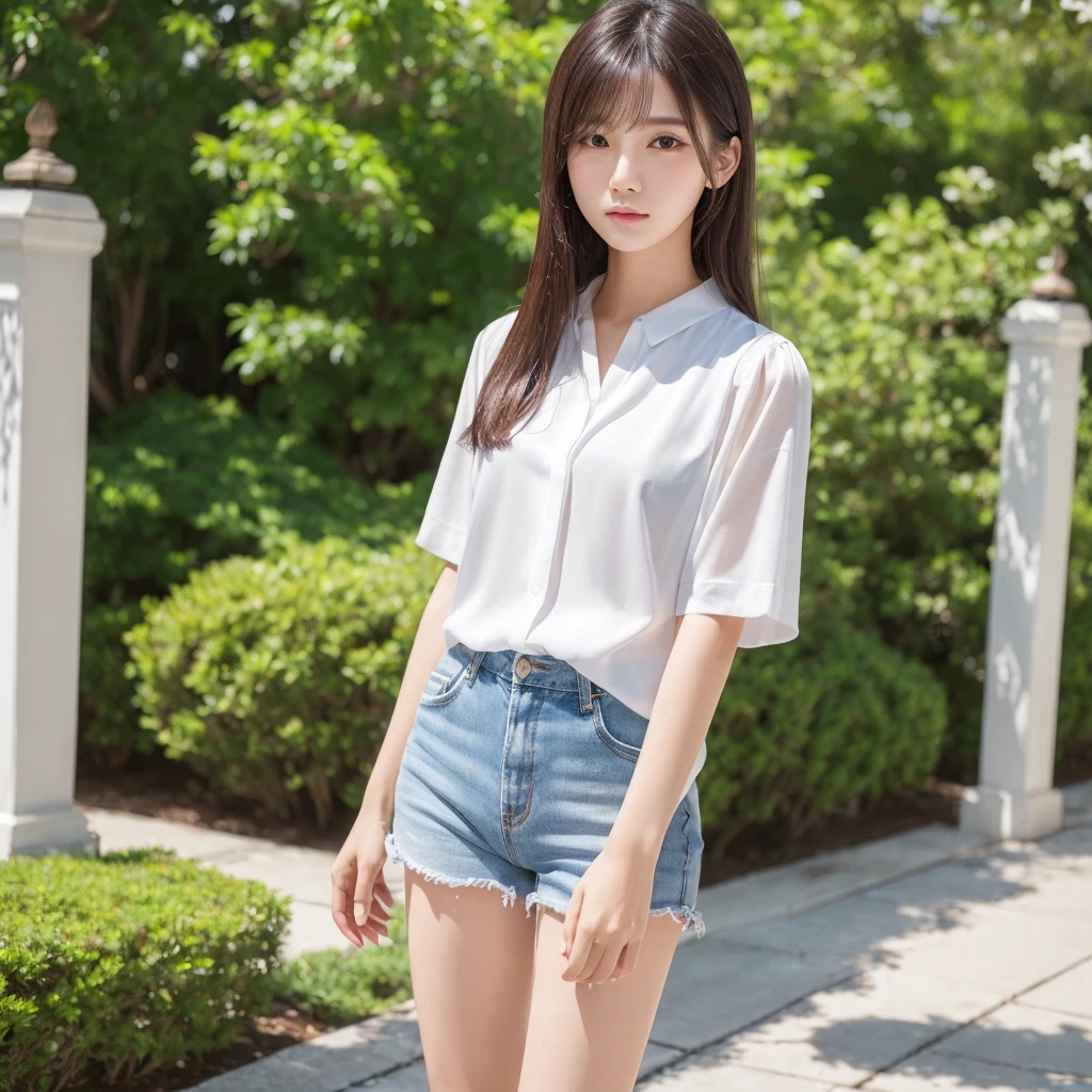 ((highest quality、8k、masterpiece:1.3))、Photorealistic, Sharp focus, high resolution, High resolution, Portraiture, alone, Japanese women, Beautiful woman,  Short sleeve blouse、Shorts、20-year-old, semi-long、Beautiful face、(((Are standing,whole body)))、Soft white skin、Slim and tall、