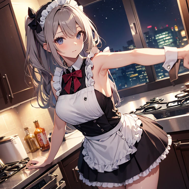 A maids, (in kitchen), various hair styles, night, details face, short skirt, seducing, sleeveless, maid uniform, armpits