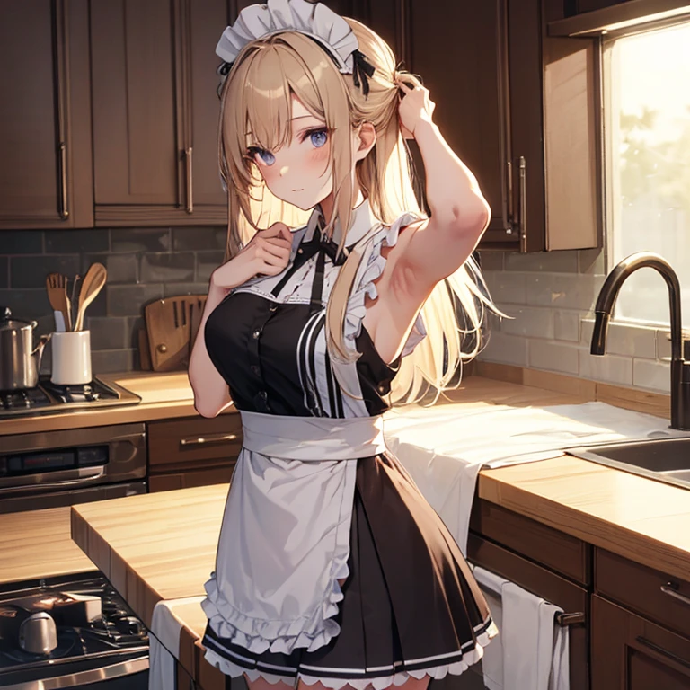 A maids, (in kitchen), various hair styles, night, details face, short skirt, seducing, sleeveless, maid uniform, armpits