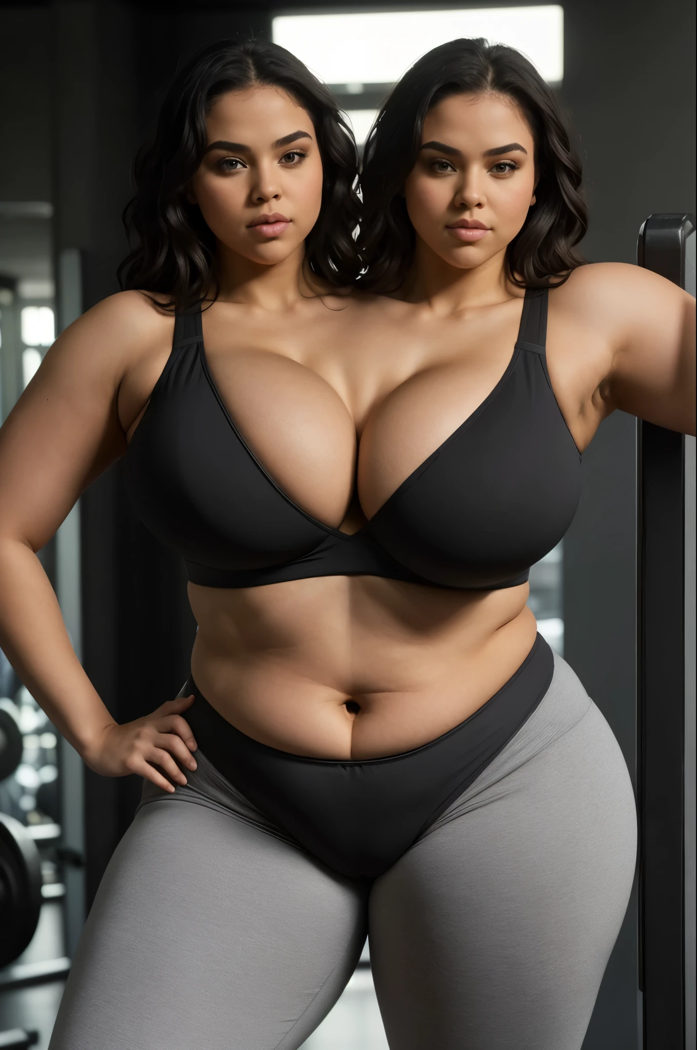 full body photo of athletic woman working out at the gym,weightlifting,leggings,sports bra,best quality,4k,8k,ultra hires,realistic,photo realistic,RAW photo,hdr,sharp focus,skin imperfections,masterpiece,hard light,athmospheric,conjoined_dicephalus,(two heads:1.5),,(big booty) (face here) Plus size bbw big , (wide booty)insanely inflated hips,Thick body ,fat body , curve shap body, widest hips , thick hips ,widest breast, thick breast