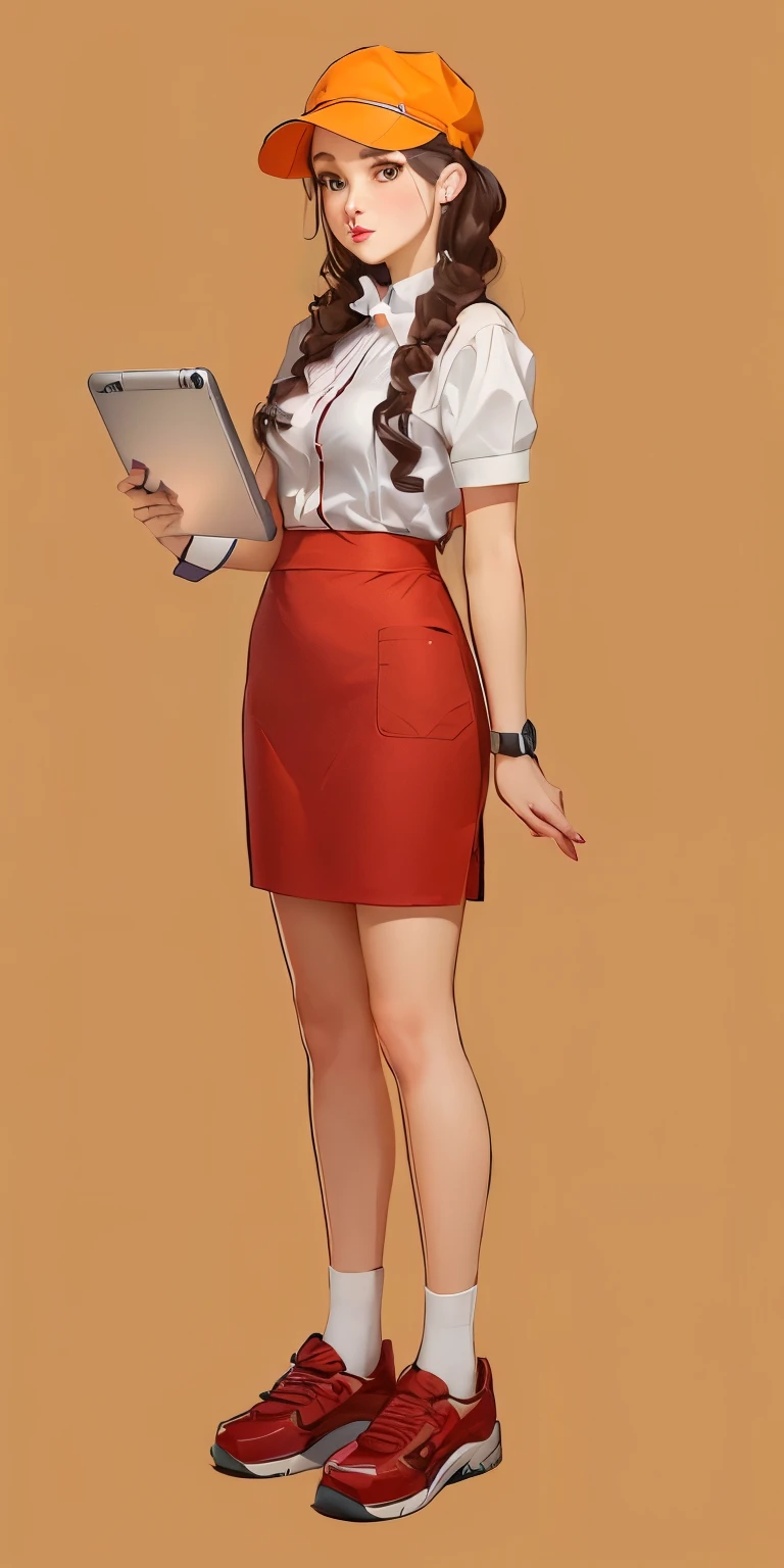 cartoon girl in a red skirt and a white shirt holding a tablet, Full body portrait, Full body portrait, Full body portrait, Full body portrait of a short!, character Full body portrait, kushatkrentz women in critical art, Full body portrait, Practical , Highly detailed character designs, ( waitress ) girl, Official character illustrations