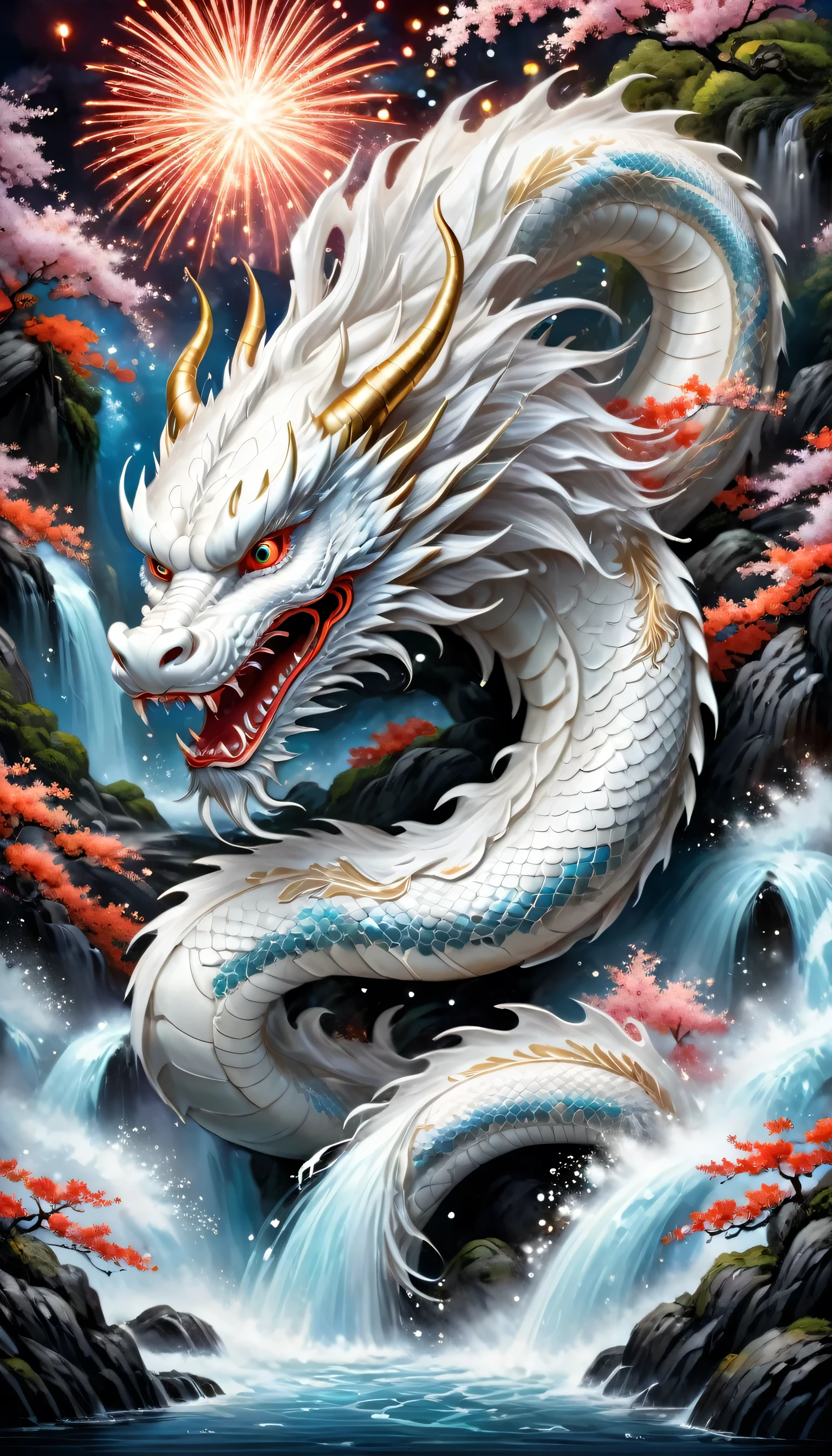 
/Imagine a Japanese dragon, The White Dragon is majestic and powerful., long, Curled up body and intense expression. The background features traditional Japanese ornaments and symbols., firework,  The colors are vibrant and bold, Create a vibrant and energetic scene.The background is a large waterfall、One Head