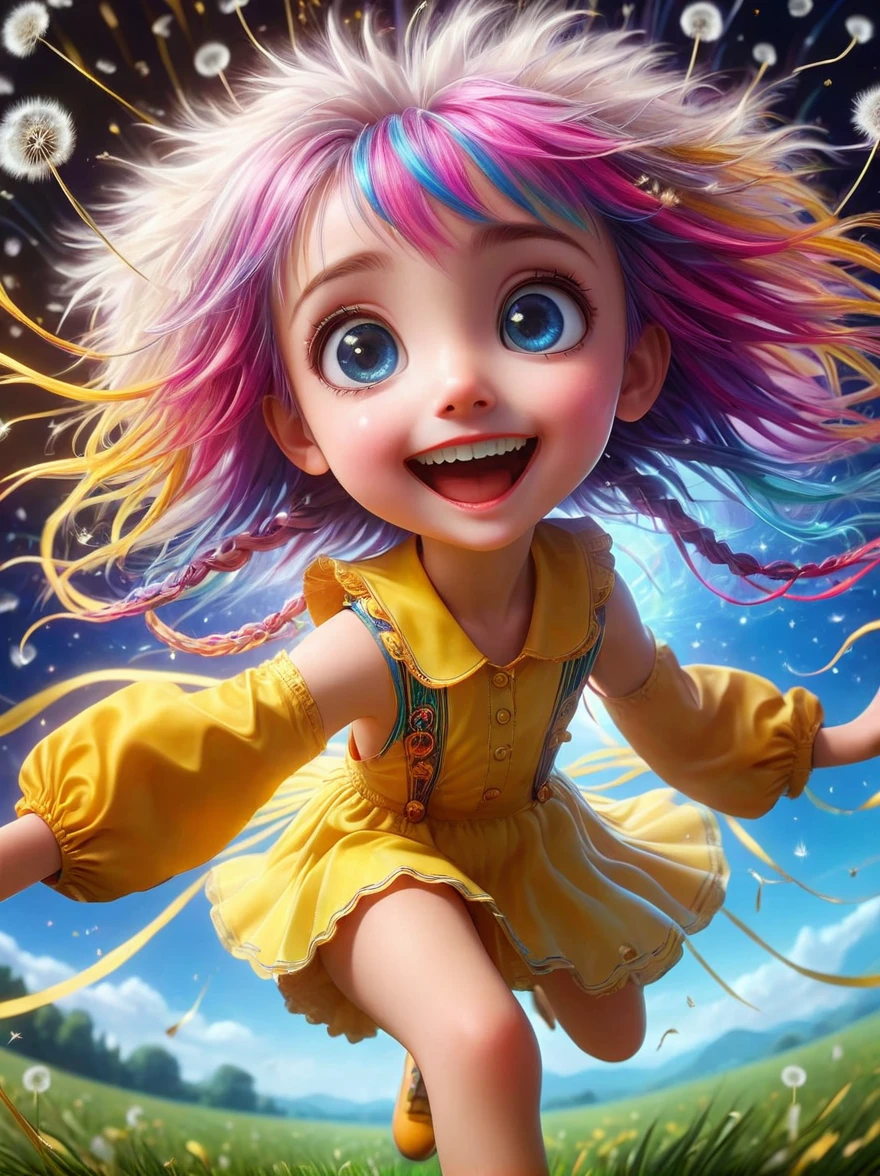 1girl, solo, cute, Kawaii, child, Hair shiny, Braiding Hair, Messy hair, Dandelion Hair Accessories, Eye Color Universe, big eyes, (Dynamic Angle:1.4), (Full body shot:1.3), (Vision), Wide Angle, Dynamic poses, Delicate face, Vibrant colors, (Blowing dandelion seeds), Smile, , 1fkxc1