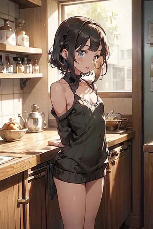 (small breasts:1.3), (perky chest:1.1), (pointed chest:1.0), (fashion magazine cover:1.3),(from below:1.0),(from side:0.9),masterpiece, 1girl, Amazing Cleavage:1.1, thin waist, big ass, Raised sexy, small breast: 1.3, posed cleavage:1.2、solo, looking at viewer, open mouth, have a cute grass of cute beergrass,black hair, dark green eyes, dress, bare shoulders, jewelry, collarbone, sidelocks, hairband, earrings, indoors, off shoulder, :o, sweater, arms behind back, plant, short hair with long locks, gild hairband, off-shoulder dress, sweater dress, off-shoulder sweater, red sweater, dark gord hair, big side hair, very long side hair,is rendered in (masterpiece: 1.2, best quality), with (ultra high resolution) and an exquisite (depth of field). This masterpiece is not only visually stunning but also tells,A scene of cooking in the kitchen by classroom