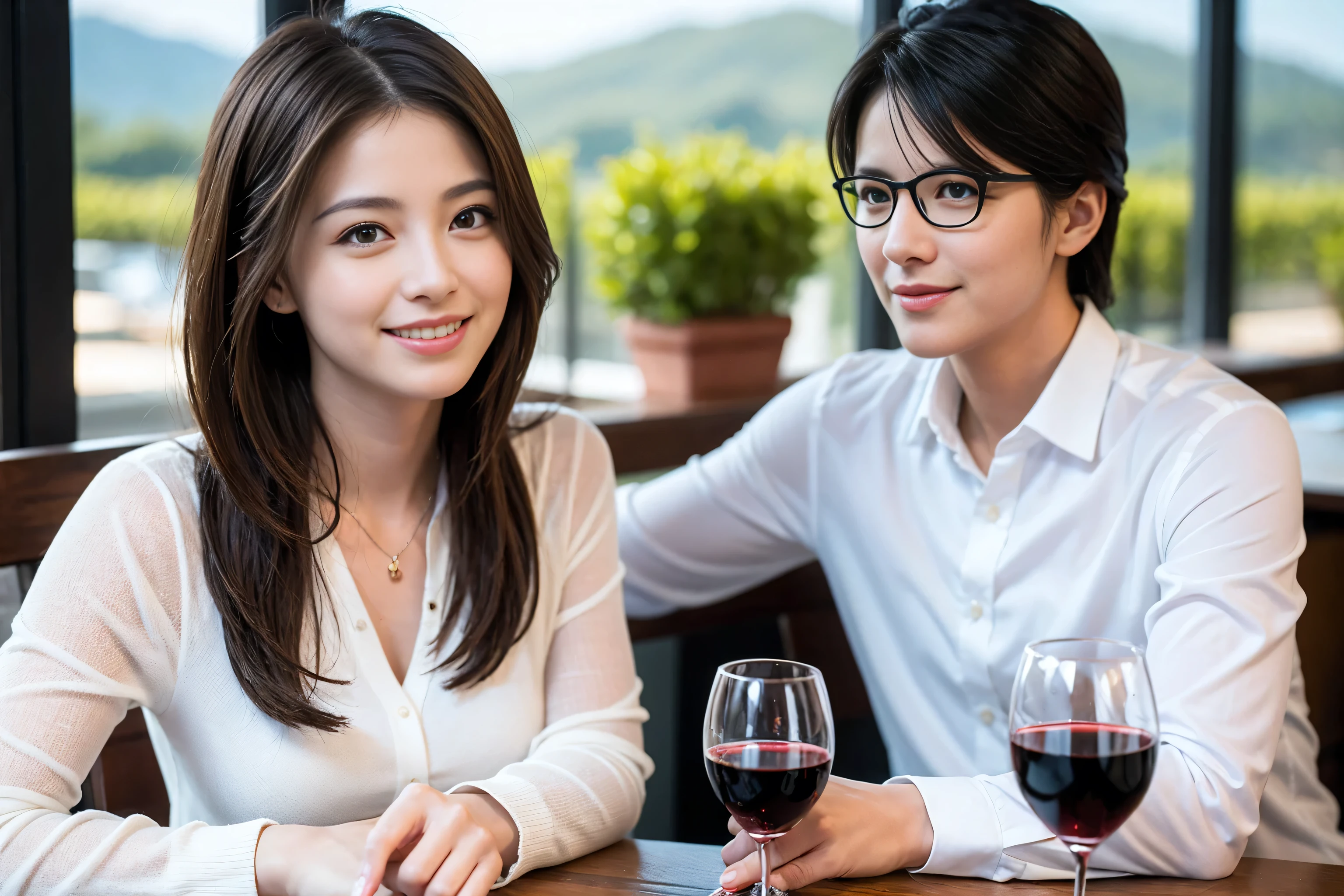 ((highest quality、8k、masterpiece:1.3))、1 male、1 female、Satomi Ishihara lookalike couple、Spouse、Couple、The body is slim、((Bob Hale、Straight hair:1.2)), (Realistic, Intricate details:1.2), Wine glass on the table、Shine light on your face、 Amazing view of the sunset sky and clouds、Amazing mountain views、A bright smile、The wonderfulness of smile、Bright image、The beauty of wine, Beautiful Face, blue eyes, The light shines on your face, Blushing, short hair,Bright Face、 (Age 37), 39 years old, red wine 、Appetizers、Italian food、Wine bottle、Champagne、sparkling wine、Two beauties、Brown Hair、Shortcuts、Long sleeve shirt、dress、Pretty Woman 1, (Slim face), (The body is slim), (Brown Hair), (Shortcuts), cheeks turn a little red,Attractive beauty、restaurant, In a prominent place (From the waist up) Nova Frog Style, actress, model, Upper Body, White wine, slim, wine glass, A wine glass placed in the center, smile, (smile: 1.15), Beautiful fine grain, Depth f/2,saturation, High Contrast, Strong light and shadow,Moist Body:1.5、3D texture、Delicate eyes、Brown Hair、The hair is very shiny、