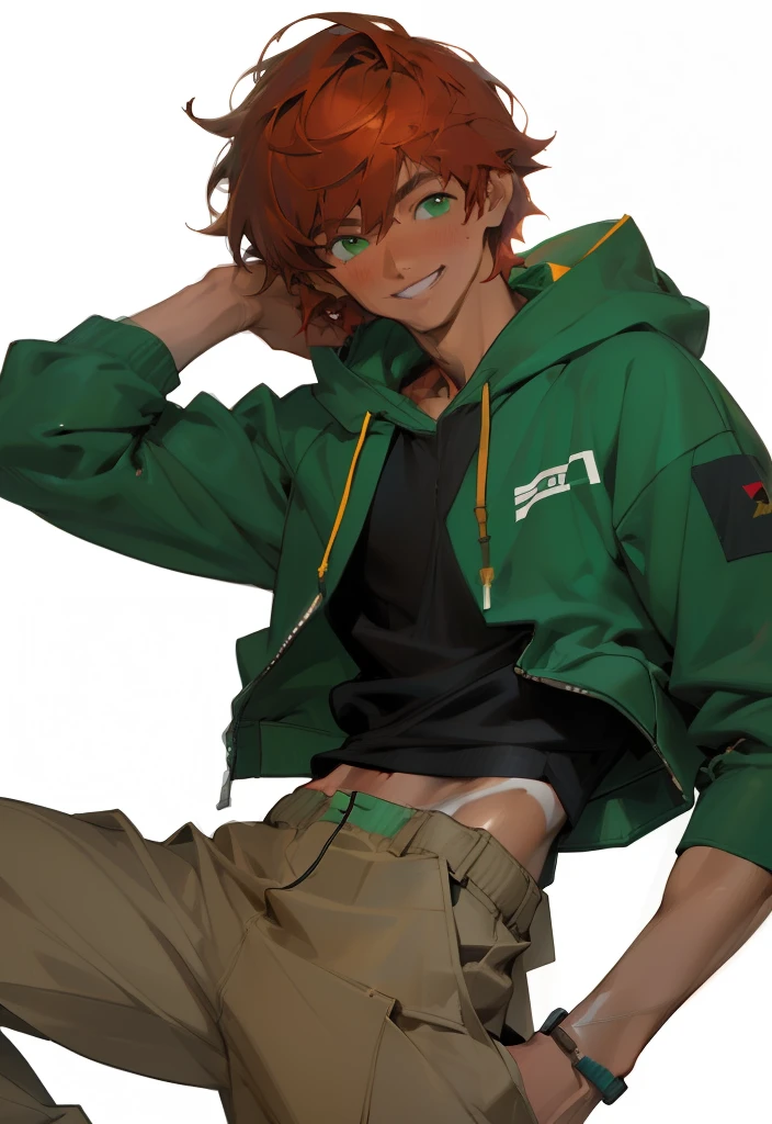 ((masterpiece)), (best quality), (absurdres), (photorealistic:1.4), 1girl, handsome girl, guyish ((flat body)) auburn red hair, , hoodie with motor sports jacket , (tanned skin, tanned male skin), bangs, green eyes,  , very short messy boy cut hair, smile, grin, :D, longer face, shirt with hoodie on top, back pants