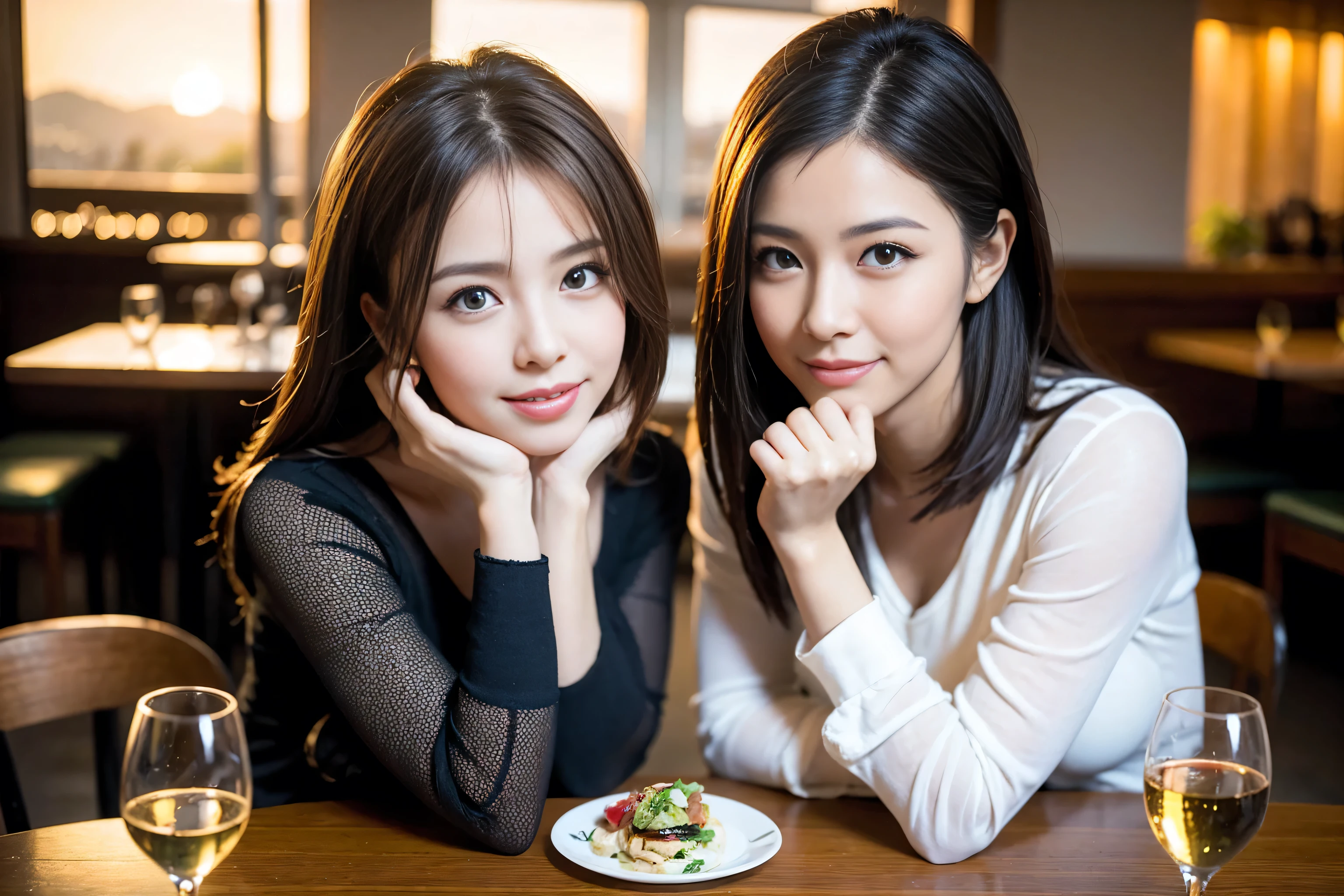 ((highest quality、8k、masterpiece:1.3))、1 male、1 female、Satomi Ishihara lookalike couple、Spouse、Couple、The body is slim、((Bob Hale、Straight hair:1.2)), (Realistic, Intricate details:1.2), Wine glass on the table、Shine light on your face、 Amazing view of the sunset sky and clouds、Amazing mountain views、A bright smile、The wonderfulness of smile、Bright image、The beauty of wine, Beautiful Face, blue eyes, The light shines on your face, Blushing, short hair,Bright Face、 (Age 37), 39 years old, red wine 、Appetizers、Italian food、Wine bottle、Champagne、sparkling wine、Two beauties、Brown Hair、Shortcuts、Long sleeve shirt、dress、Pretty Woman 1, (Slim face), (The body is slim), (Brown Hair), (Shortcuts), cheeks turn a little red,Attractive beauty、restaurant, In a prominent place (From the waist up) Nova Frog Style, actress, model, Upper Body, White wine, slim, wine glass, A wine glass placed in the center, smile, (smile: 1.15), Beautiful fine grain, Depth f/2,saturation, High Contrast, Strong light and shadow,Moist Body:1.5、3D texture、Delicate eyes、Brown Hair、The hair is very shiny、