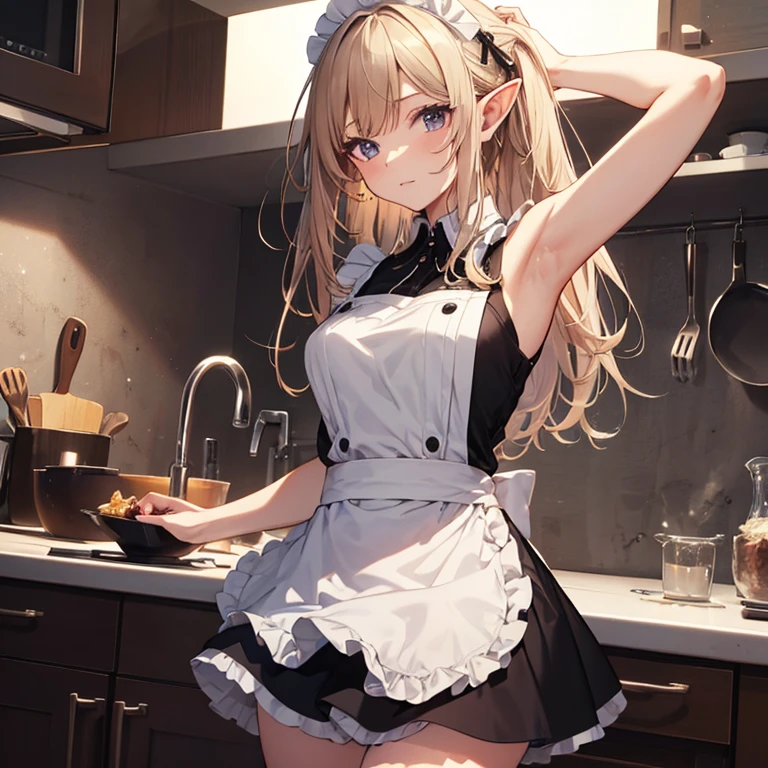 A maids, (in kitchen), various hair styles, night, details face, short skirt, seducing, sleeveless, maid uniform, armpits, elf