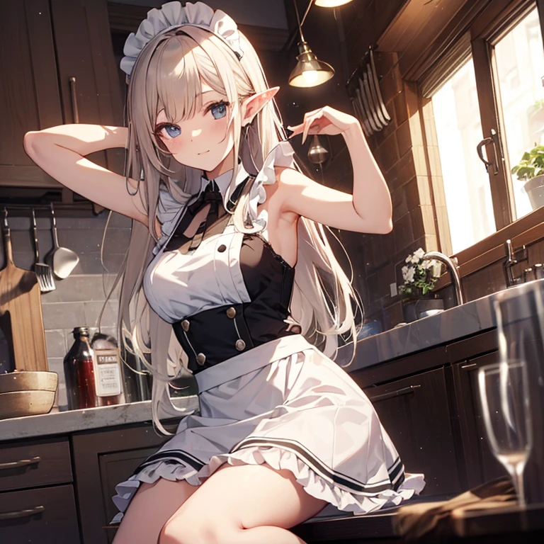 A maids, (in kitchen), various hair styles, night, details face, short skirt, seducing, sleeveless, maid uniform, armpits, elf