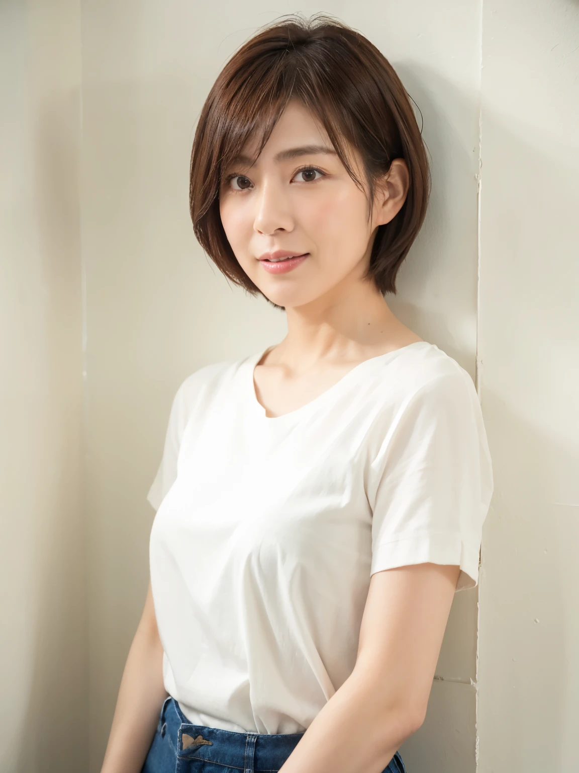 (Very detailed), ((Realistic)), (Better Quality), Short sleeve shirt、Very beautiful woman, highest quality, 8k, masterpiece, Photorealism, practical, 1. Beautiful Japanese Women, Mature Woman, 40 years old, Delicate skin texture, short hair,Shooting from the side、Photographed in natural light、Photographed in front of a white wall
