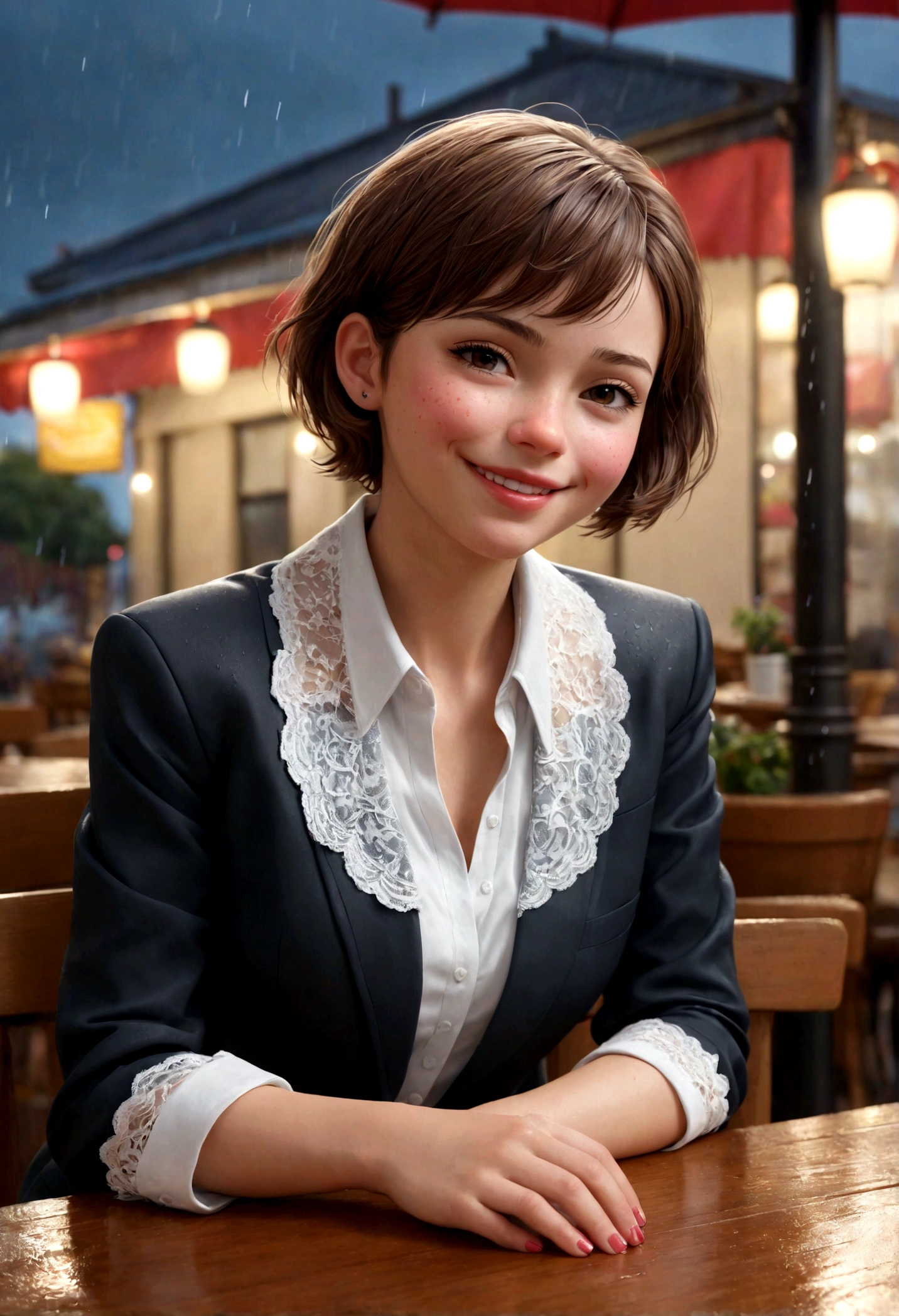 (8k, highest quality, masterpiece:1.2), (Realistic, Photorealistic:1.37), Super detailed, 1 girl,cute, alone,Beautifully detailed skies,Detailed cafe,night,Sitting,Dated,(Red nose),(smile:1.15),(Mouth closed) Small breasts,Beautiful fine details,(Collared shirt:1.1), night, Wet,business suit, rain,White lace, (short hair:1.2),Floating hair NovaFrogStyle,