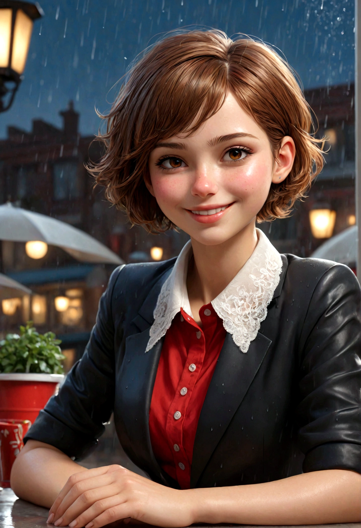(8k, highest quality, masterpiece:1.2), (Realistic, Photorealistic:1.37), Super detailed, 1 girl,cute, alone,Beautifully detailed skies,Detailed cafe,night,Sitting,Dated,(Red nose),(smile:1.15),(Mouth closed) Small breasts,Beautiful fine details,(Collared shirt:1.1), night, Wet,business suit, rain,White lace, (short hair:1.2),Floating hair NovaFrogStyle,