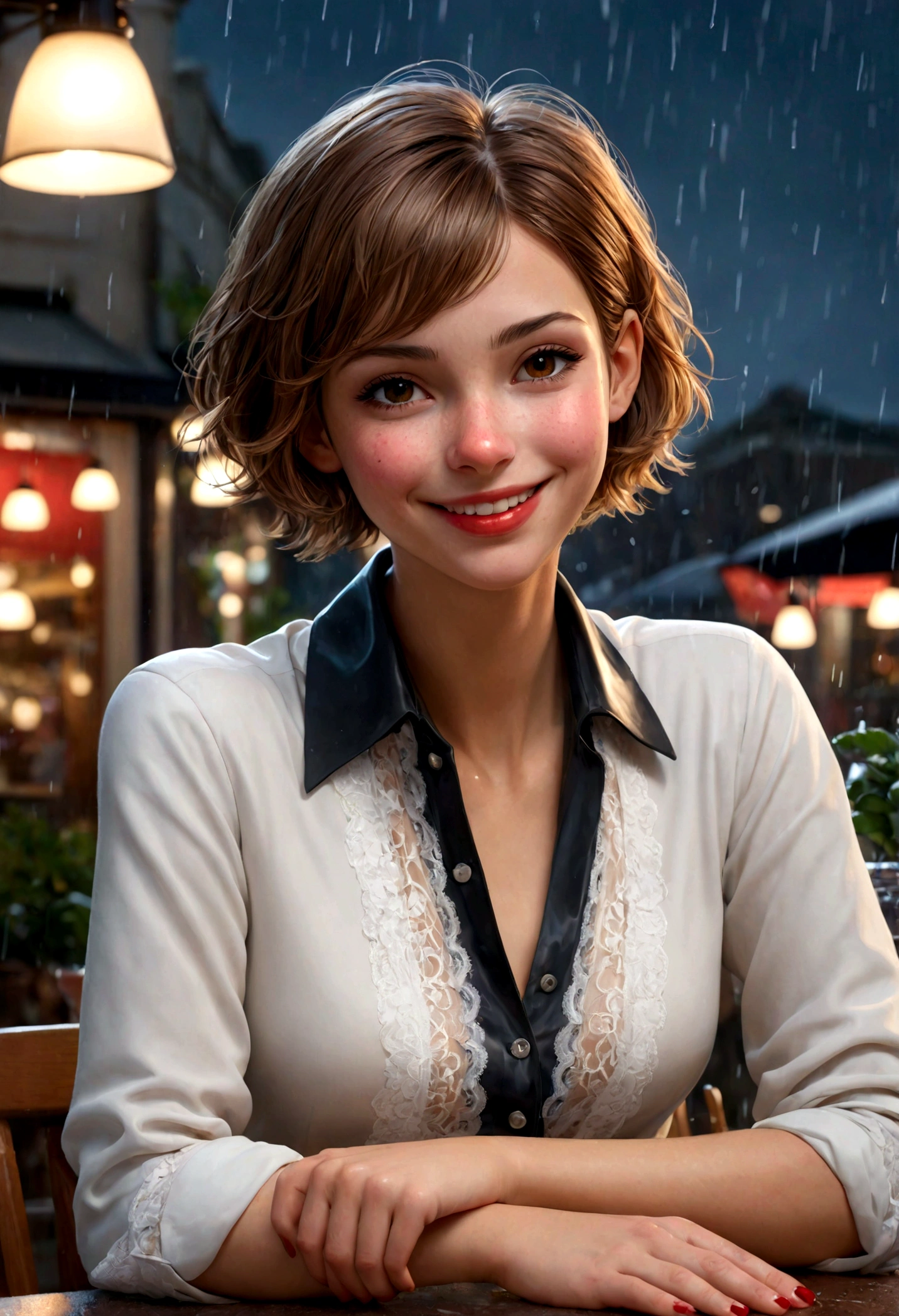 (8k, highest quality, masterpiece:1.2), (Realistic, Photorealistic:1.37), Super detailed, 1 girl,cute, alone,Beautifully detailed skies,Detailed cafe,night,Sitting,Dated,(Red nose),(smile:1.15),(Mouth closed) Small breasts,Beautiful fine details,(Collared shirt:1.1), night, Wet,business suit, rain,White lace, (short hair:1.2),Floating hair NovaFrogStyle,