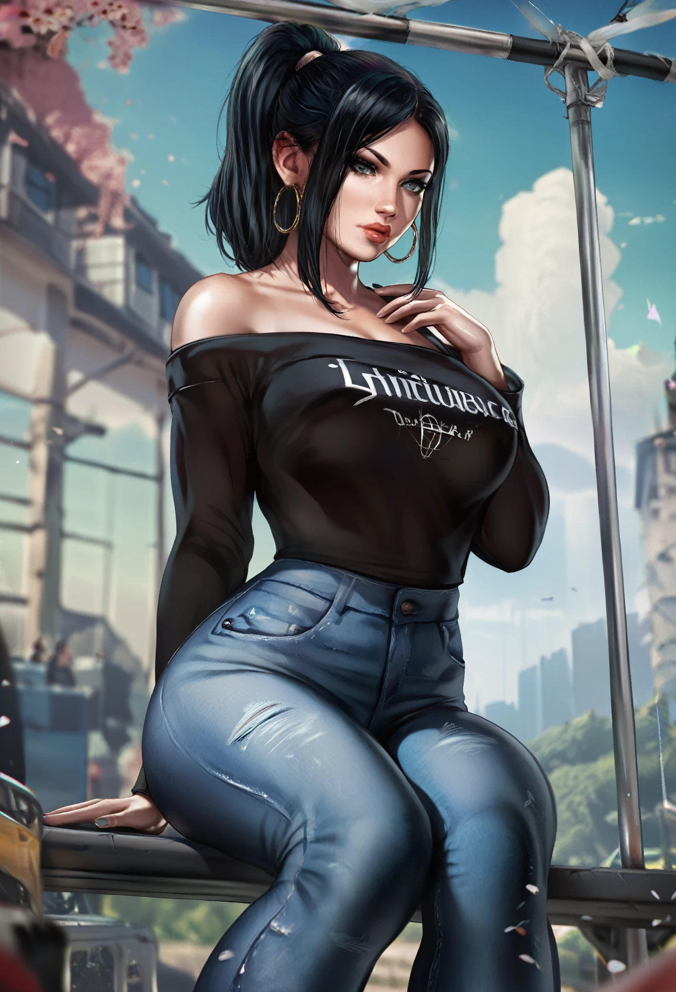 score_9, score_8_up, score_7_up, score_6_up, score_5_up, score_4_up, ((low depth of field)), , (beautiful landscape), BREAK woman sitting in a bus stand, 1girl, pale-skinned female, large breasts, grey eyes, black hair, ponytail hair, hair over one eye, hoop earrings, shirt, off-shoulder shirt, black topwear, jeans, looking at viewer, curious expression
