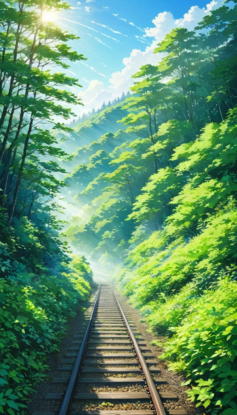 Mountain脈, Mountain, green, green豊かなMountain々, forest, green豊かなforest, line, railway, summer, Early Afternoon, sunny, blue sky, White cloud, green豊かさ, valley, 朝fog, fog, sunshine, wood漏れ日, 光とShadow, Shadow, vivid, Peaceful, Silence, Atmosphere, depth, sense of distance, greenのグラデーション, Blue gradient, wood々Leaves, woodLeaves, lineのrail, rail, ballast, Grassland, trail, greenのトンネル, summerの風景, Japanese Landscape, nostalgia, Landscape painting