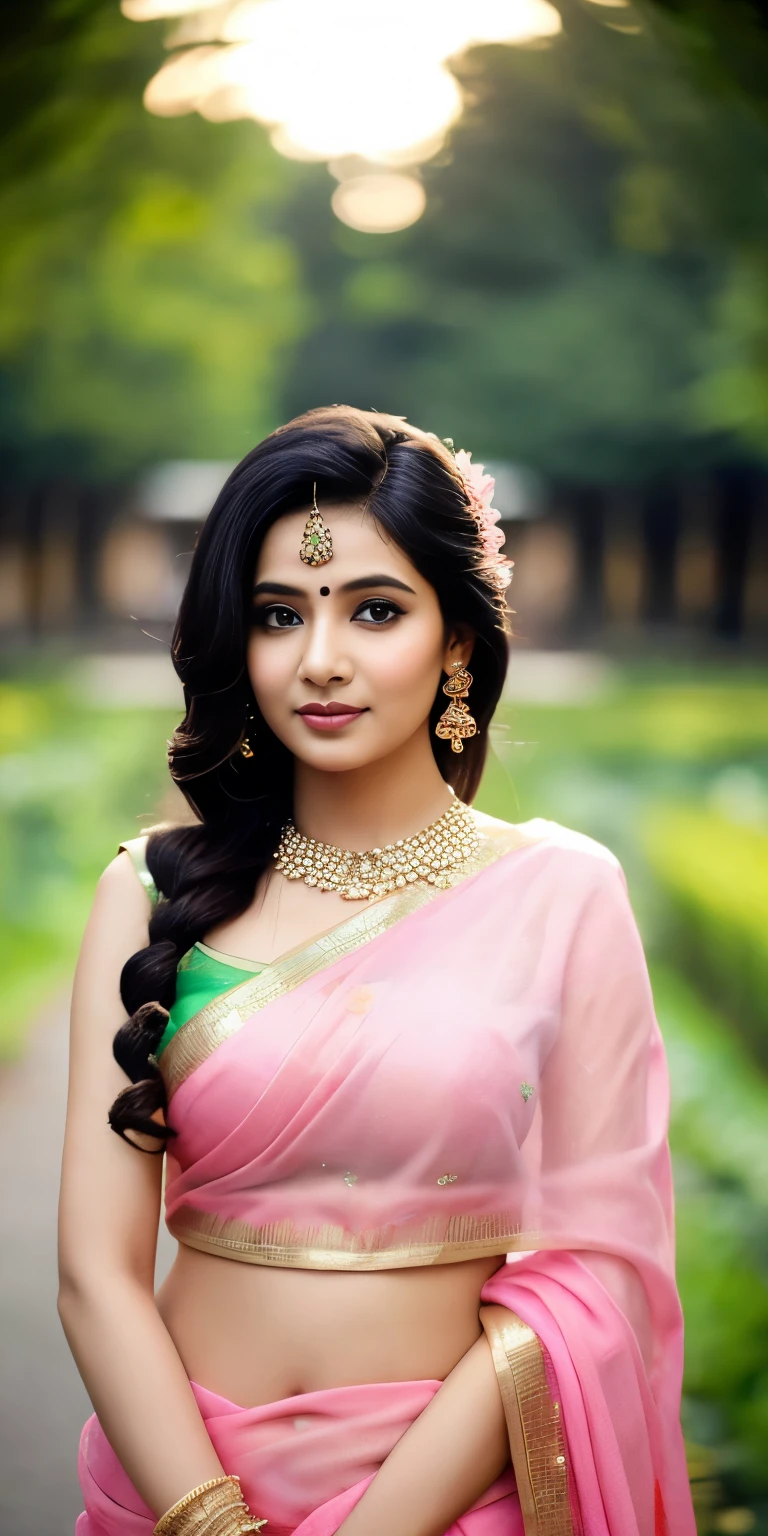 (((desi girl))), chubby face, natural skin, wearing beautiful pink saree, charming black hair, ((hair ends are blonde)), greenary village background, bokeh