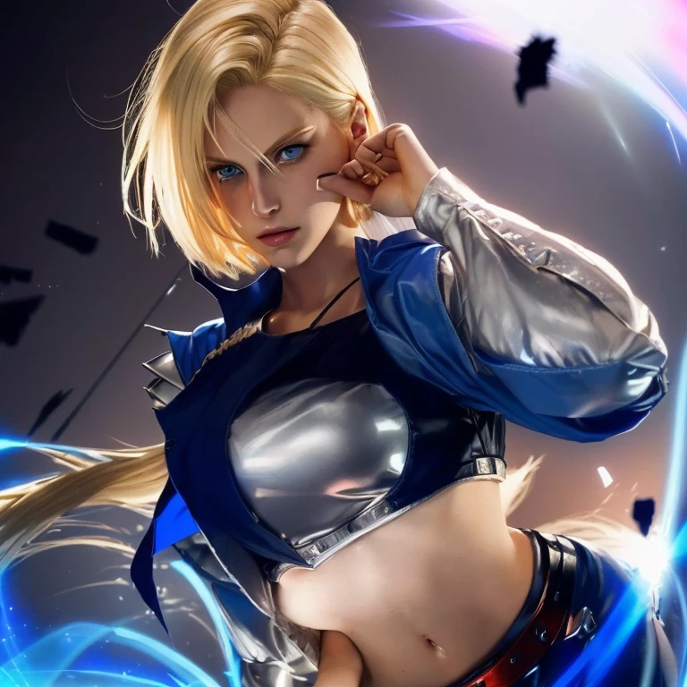 girl with blonde hair and blue eyes posing for a picture, android 18, annie leonhart, looking like annie leonhart, artoria pendragon, fighting game character, annie leonhart in a neon city, art, advanced digital  art, she is ready to fight, female action girl, [ 4 k digital art ]!!, epic style