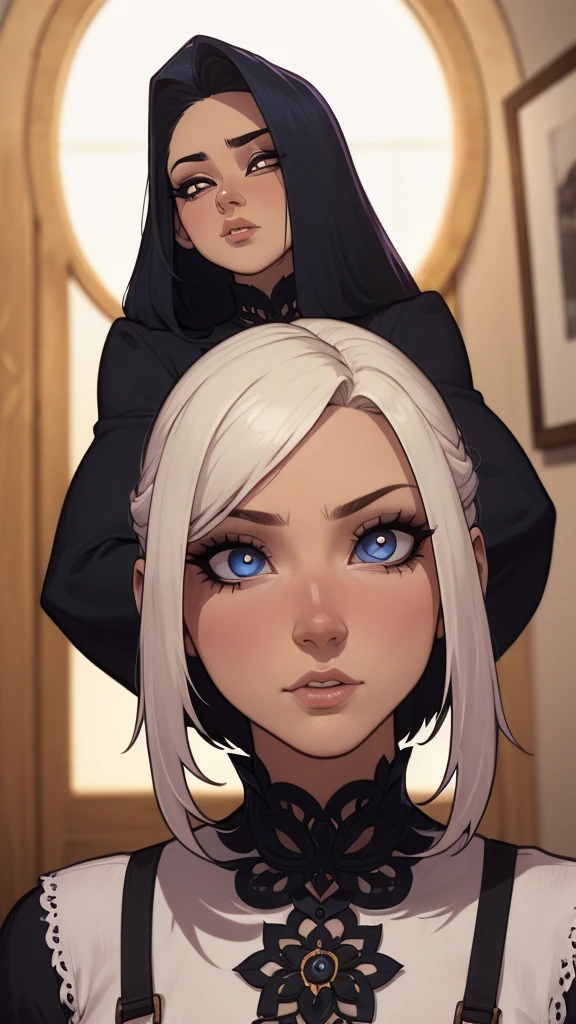 (obra de arte, melhor qualidade, Absurdo, 4k, aesthetics, detalhado, intricado, perfect lighting)1 garota, olhos azuis,cabelo preto comprido, rosto perfeito, olhos perfeitos, roupas vermelhas e brancas,