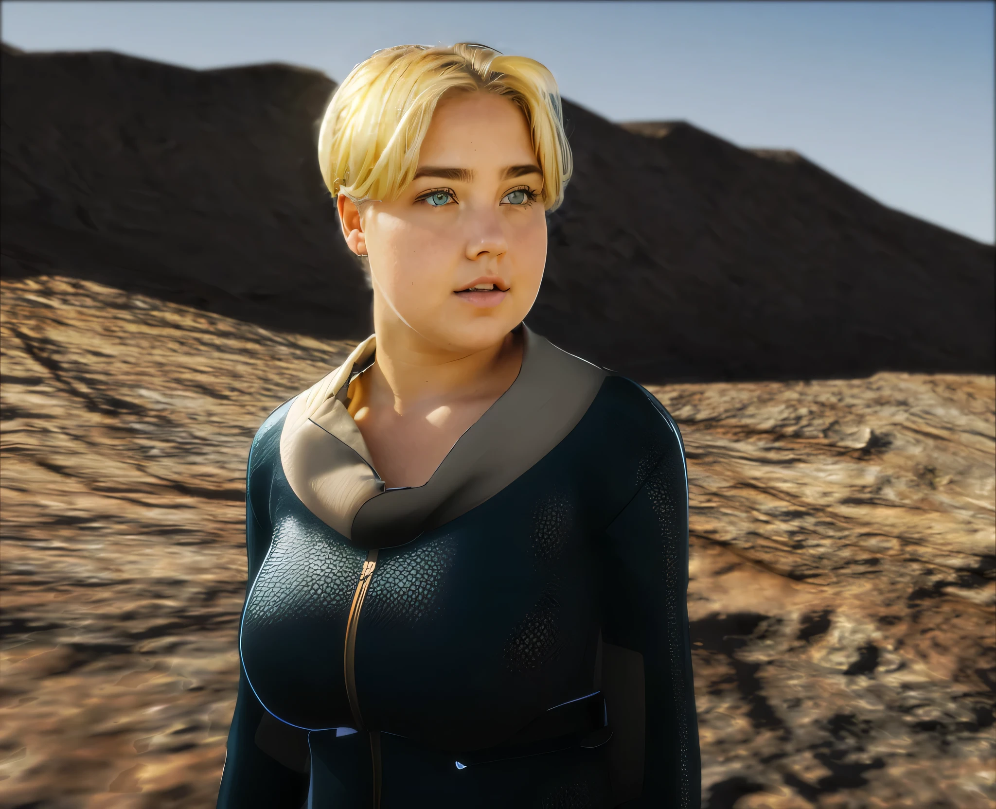 highly detailed and ultra-realistic portrait of a chubby young woman standing in a rugged, desert-like landscape. She has short, golden blonde hair. Her eyes are a vibrant green, expressive and piercing, with finely detailed eyelashes and eyebrows. She has a fair chubby complexion with subtle, natural skin texture and a slight blush on her cheeks. She is wearing a form-fitting, futuristic dark blue jumpsuit with a high collar and a front zipper, made of a textured, high-tech fabric that reflects the light subtly. 