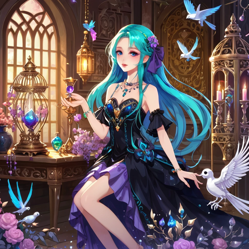 1girl, long hair, bright hair color, seductive eyes, mysterious expression, mature appearance, charming dress, flowing short dress, elegant jewelry, intricate decoration, magic symbols, glowing accessories, potions, scrolls, cute accents, bows, ribbons, flowers, birds, skeleton