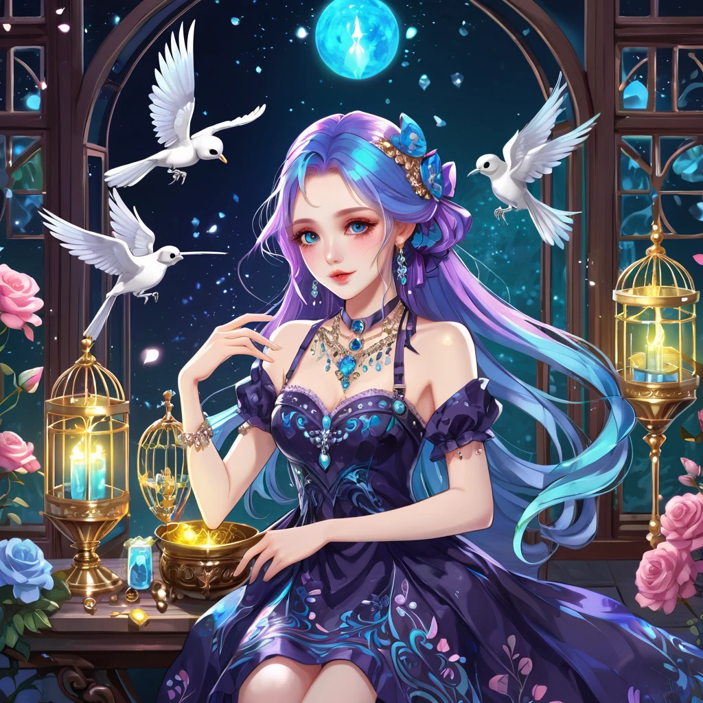 1girl, long hair, bright hair color, seductive eyes, mysterious expression, mature appearance, charming dress, flowing short dress, elegant jewelry, intricate decoration, magic symbols, glowing accessories, potions, scrolls, cute accents, bows, ribbons, flowers, birds, skeleton