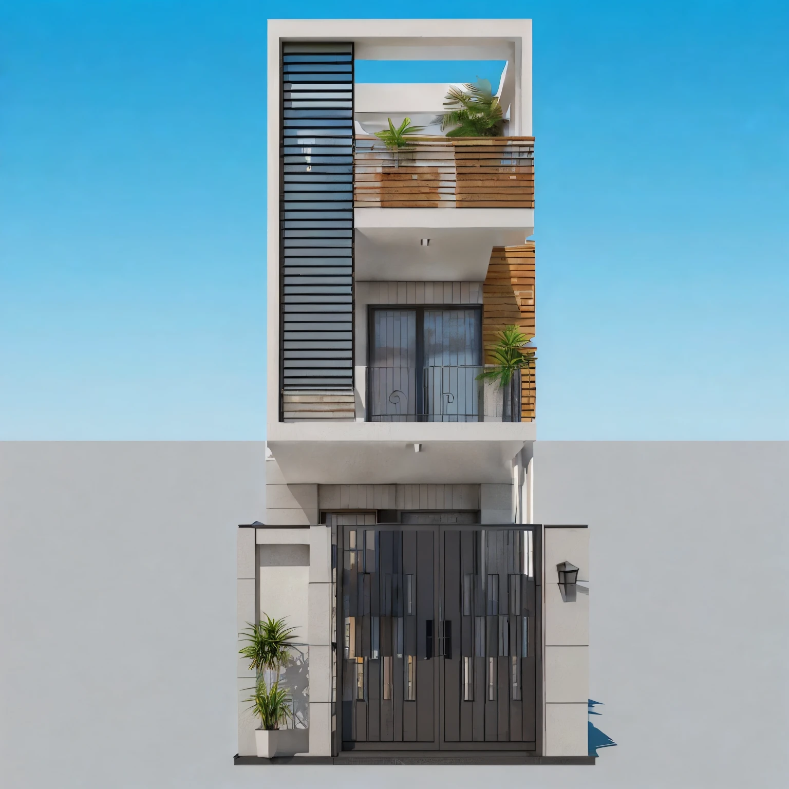 a rendering of a two story house with a balcony and a balcony, frontview, complete house, front elevation view, front-view, overall architectural design, 2 d cg, in style of simplified realism, 3/4 view realistic, elevation view, mid-view, exterior design, UHD, retina, textured skin, super detail, high details, high quality, best quality, 1080P, HD, 4K, architectural drawings, city behind, house next door,